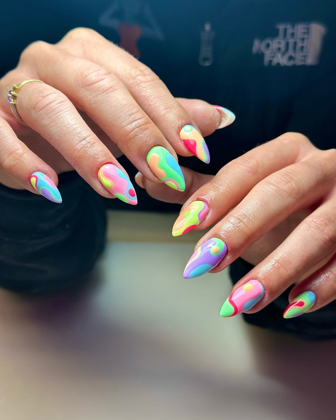 Vivid Swirl Neon Almond Shaped Nails