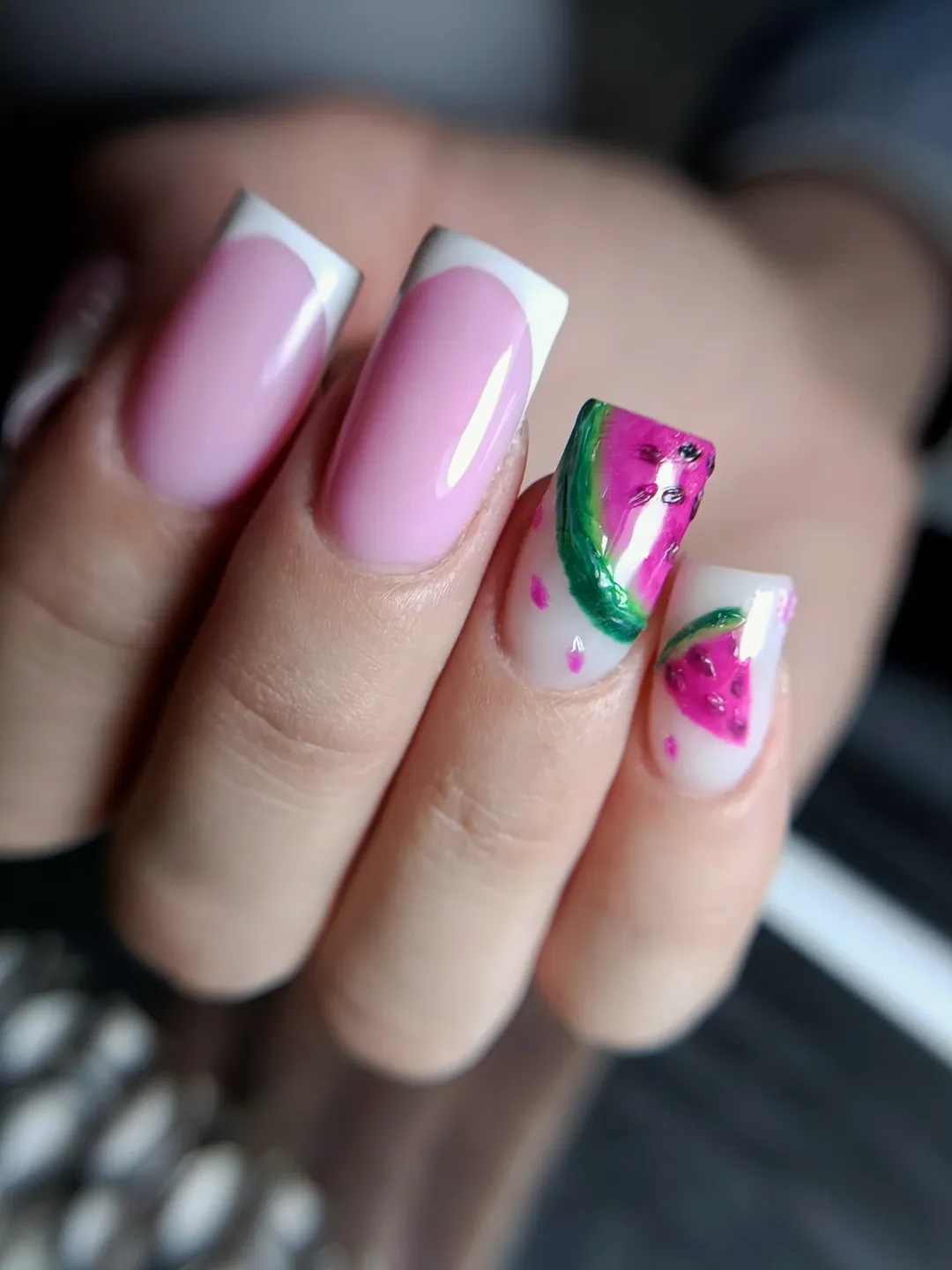 Watermelon French Tip Square Nails