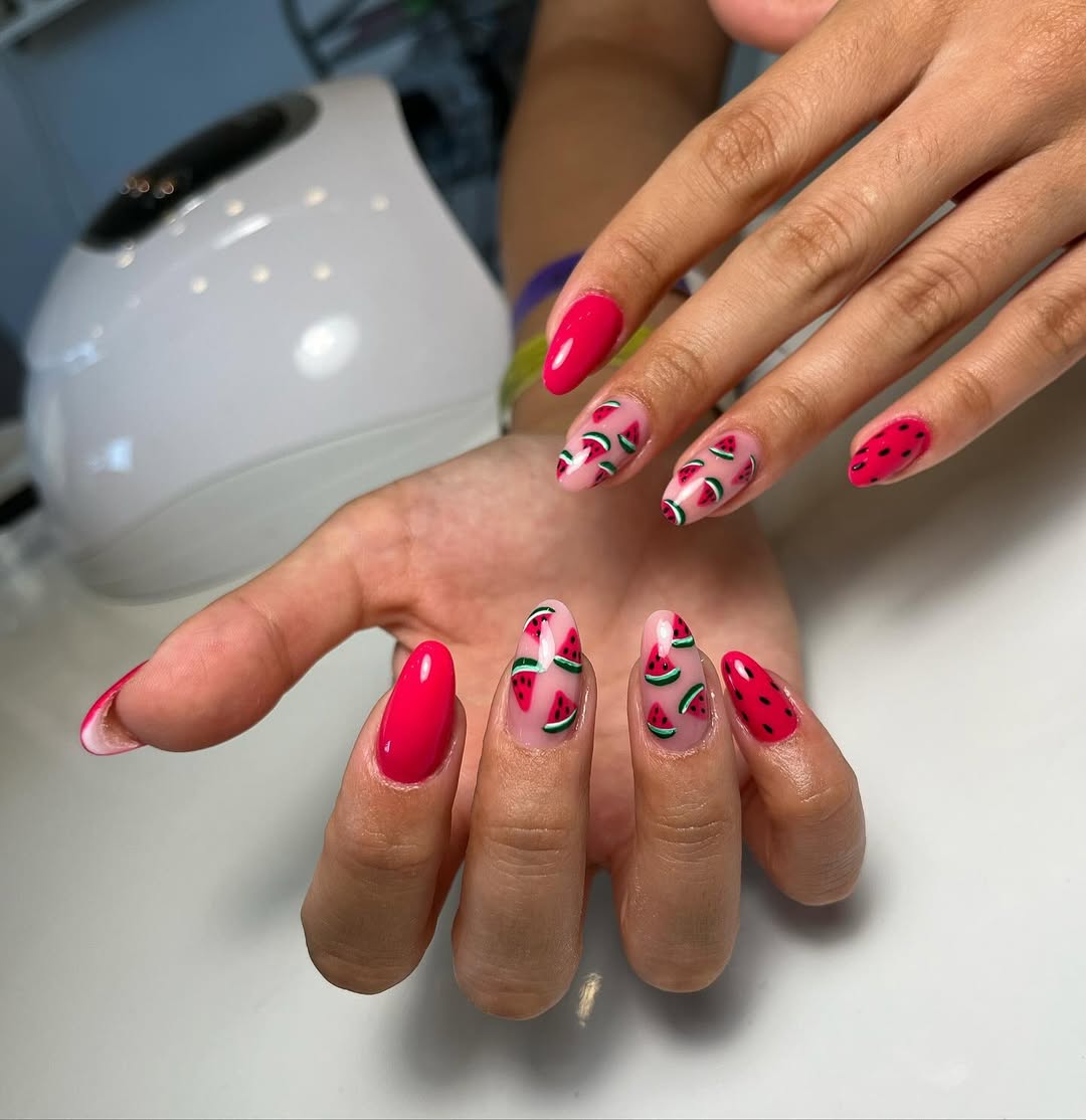 Watermelon Slice Hot Pink Almond Nails