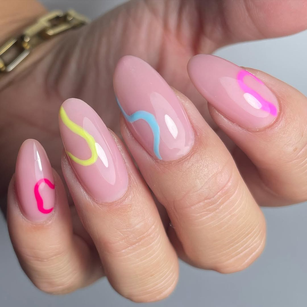 Wavy Neon Swirls on Pink Almond Nails