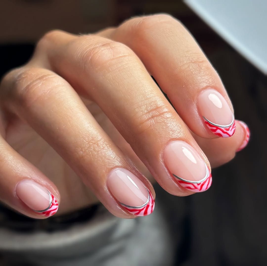 Wavy Red and Pink French Tip with Silver Lines