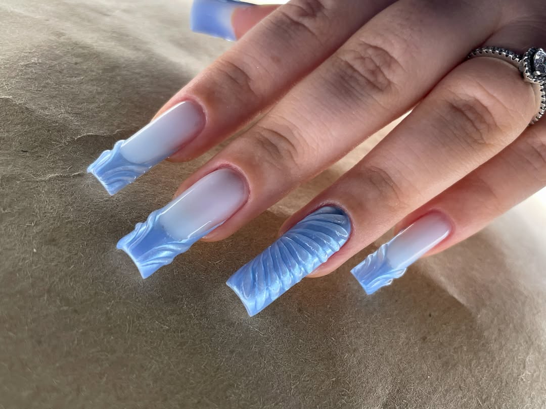 Wavy Sky Blue French Tip Square XL Nails