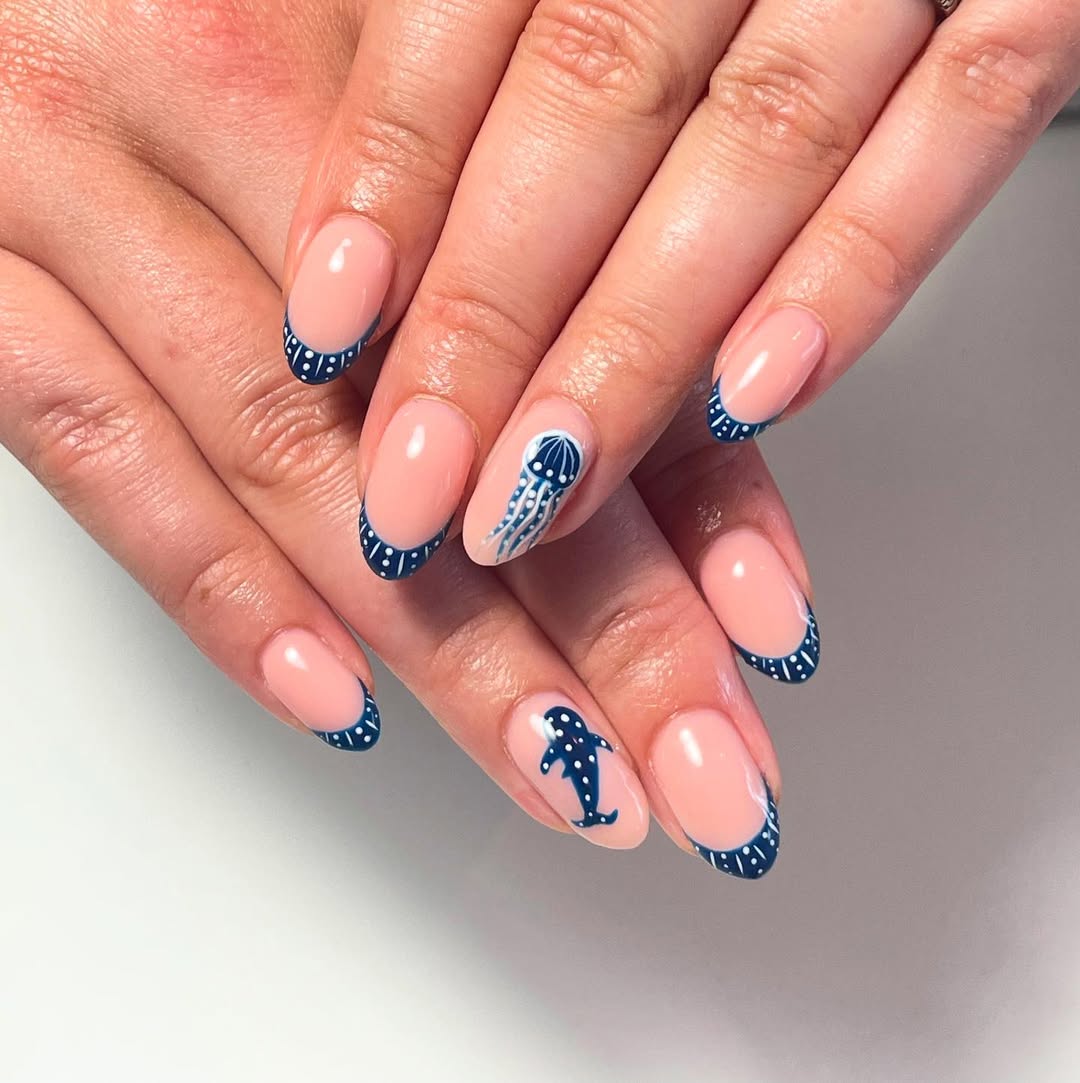 Whale and Jellyfish Classic Navy Blue French Tips