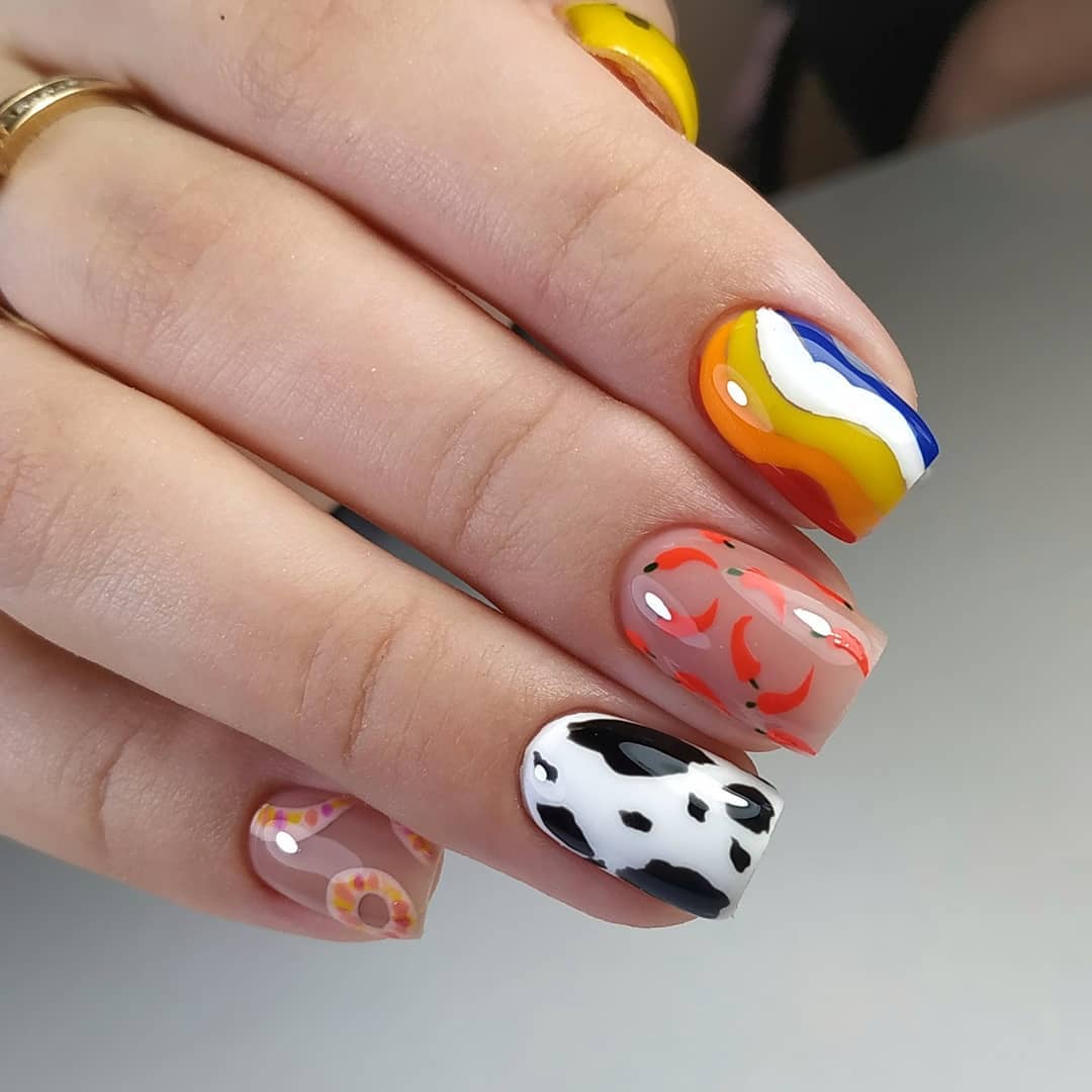Whimsical Abstract Cow Print & Chili Squoval Nails