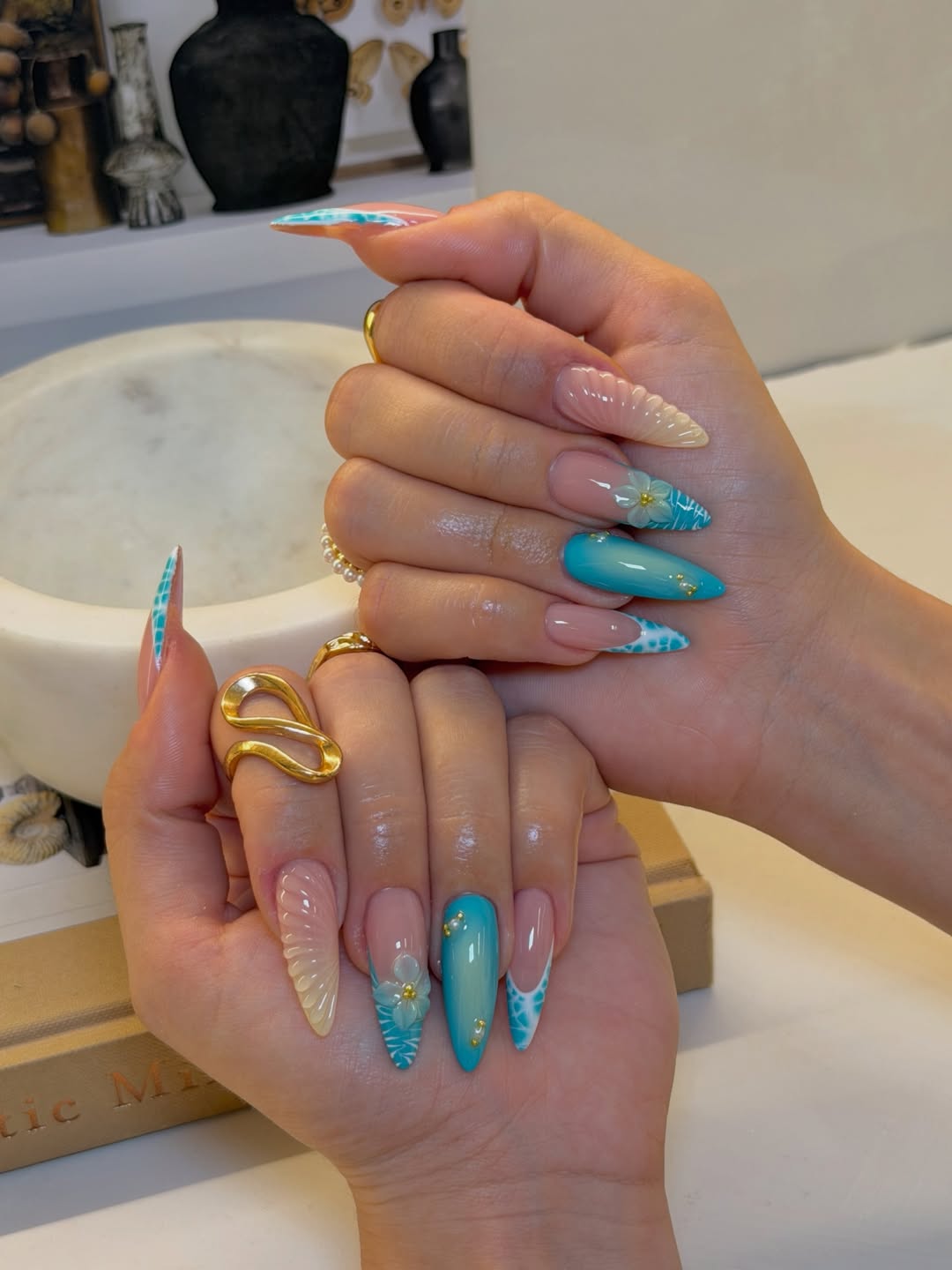 Whimsical Aqua 3D Blossom Stiletto Nails