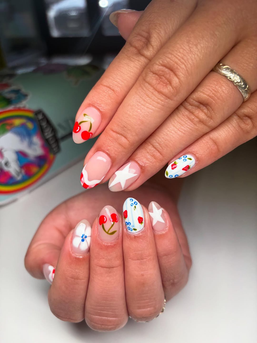Whimsical Berry Fruit Hand Painted French Tip Nails