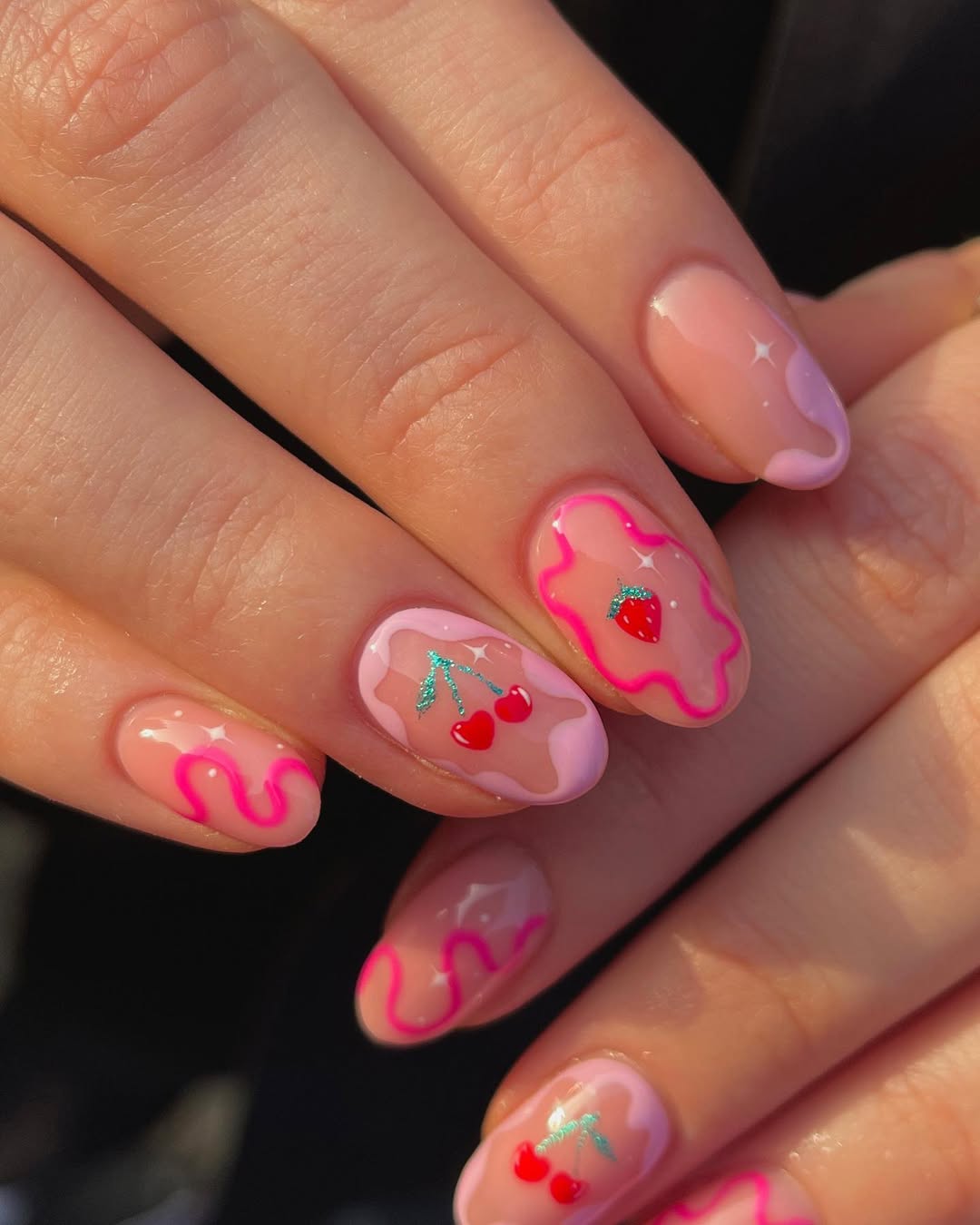 Whimsical Berry Pink Wavy Abstract Glossy Short Oval Nails
