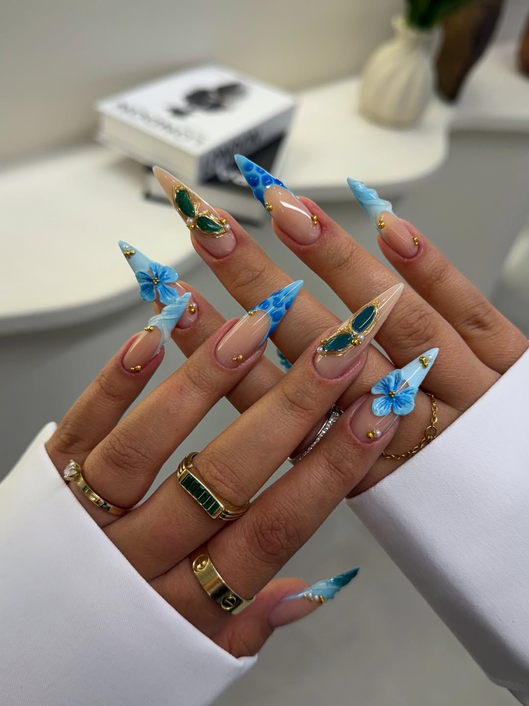 Whimsical Blue French Tips With 3D Flowers