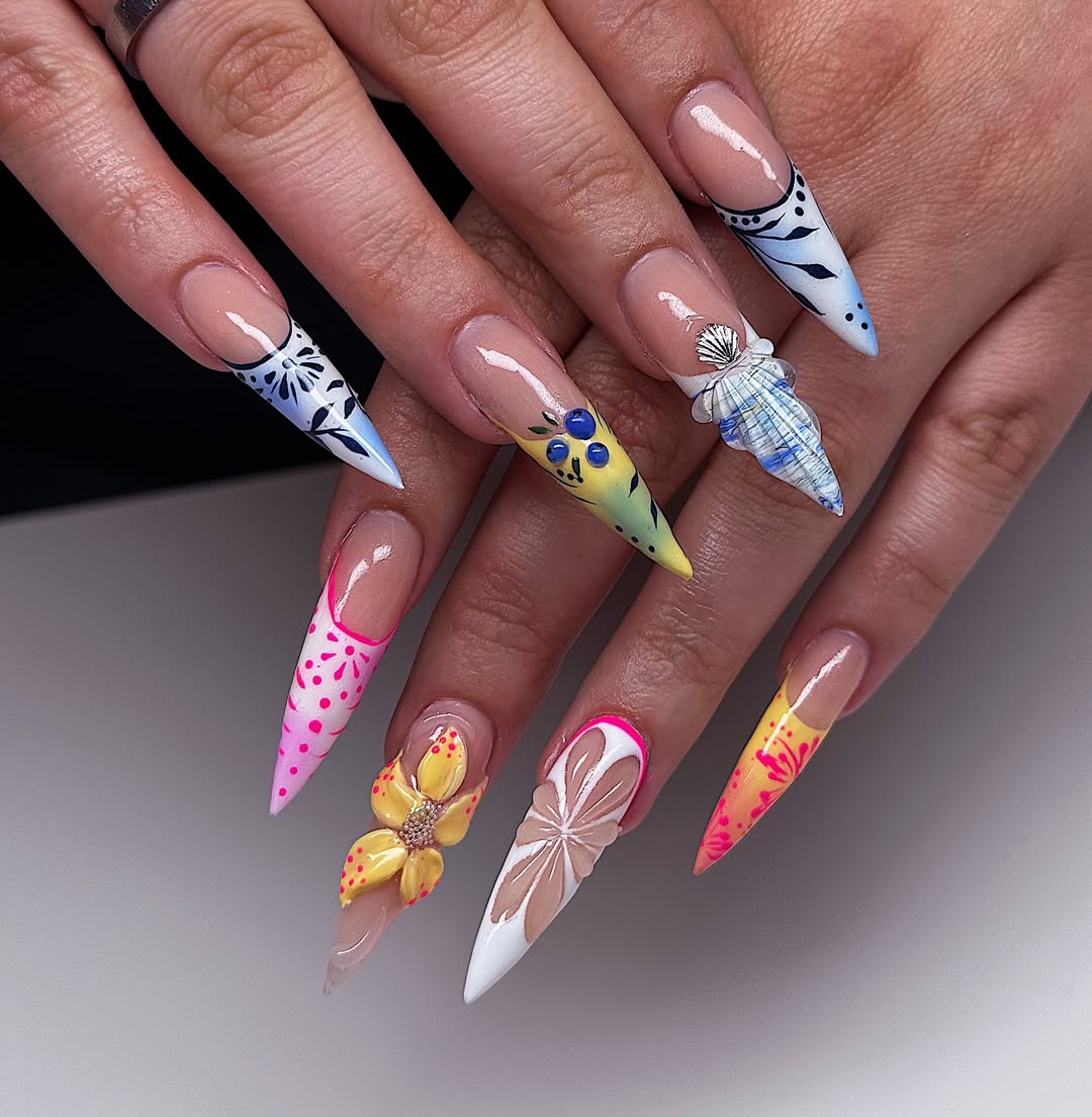 Whimsical Bright Stiletto Summer Textured Nail Art