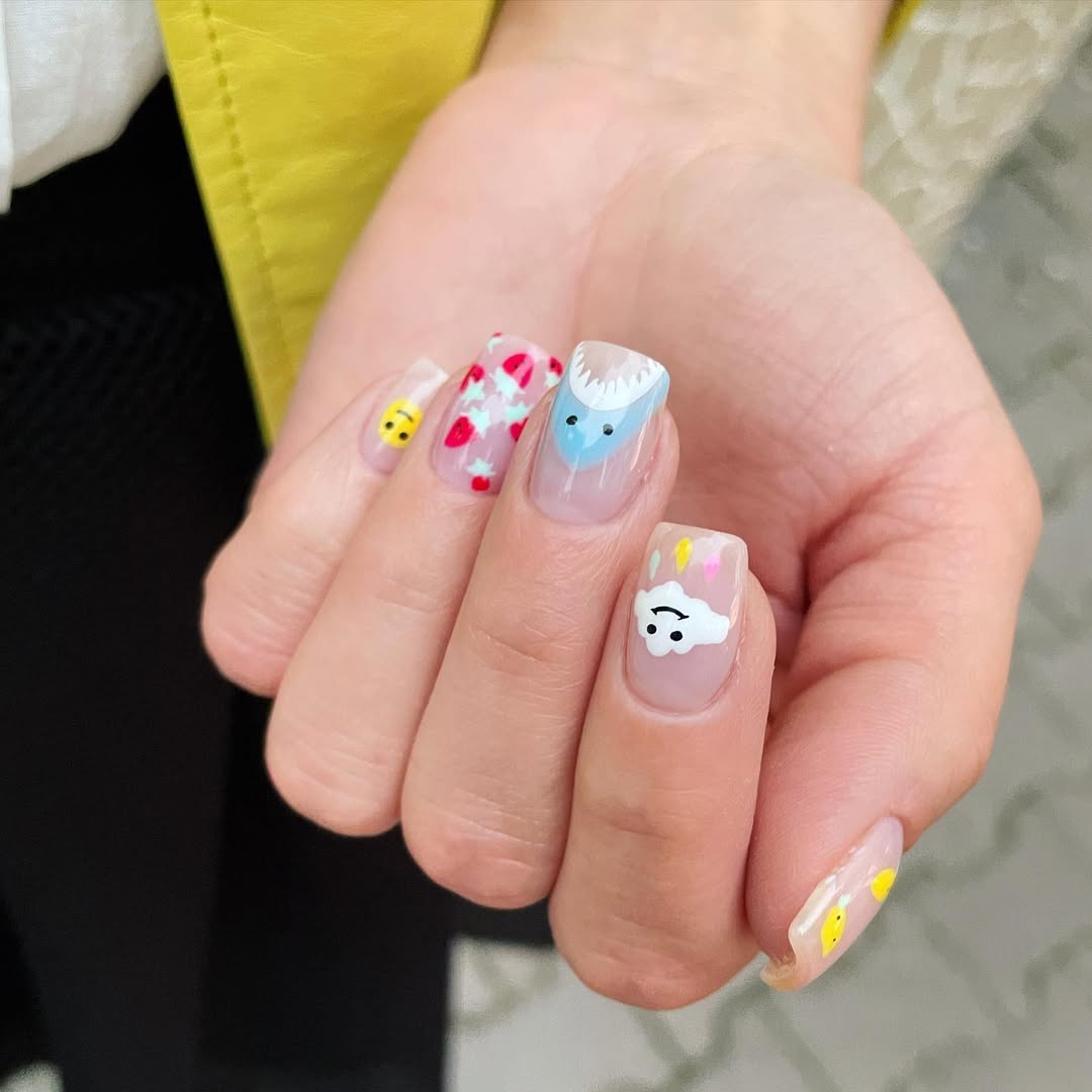 Whimsical Cartoon Character & Fruit Glossy Squoval Nails