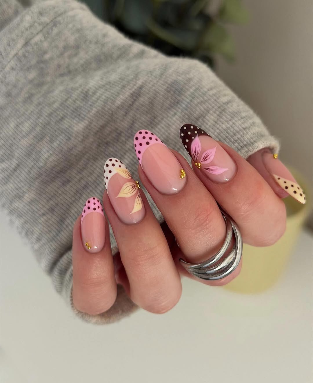 Whimsical Floral Polka Dot French Tip Nails