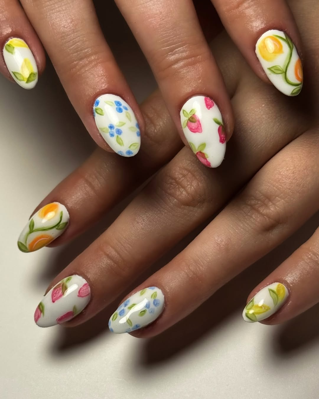 Whimsical Hand-Painted Fruit and Floral Glossy Almond Nails