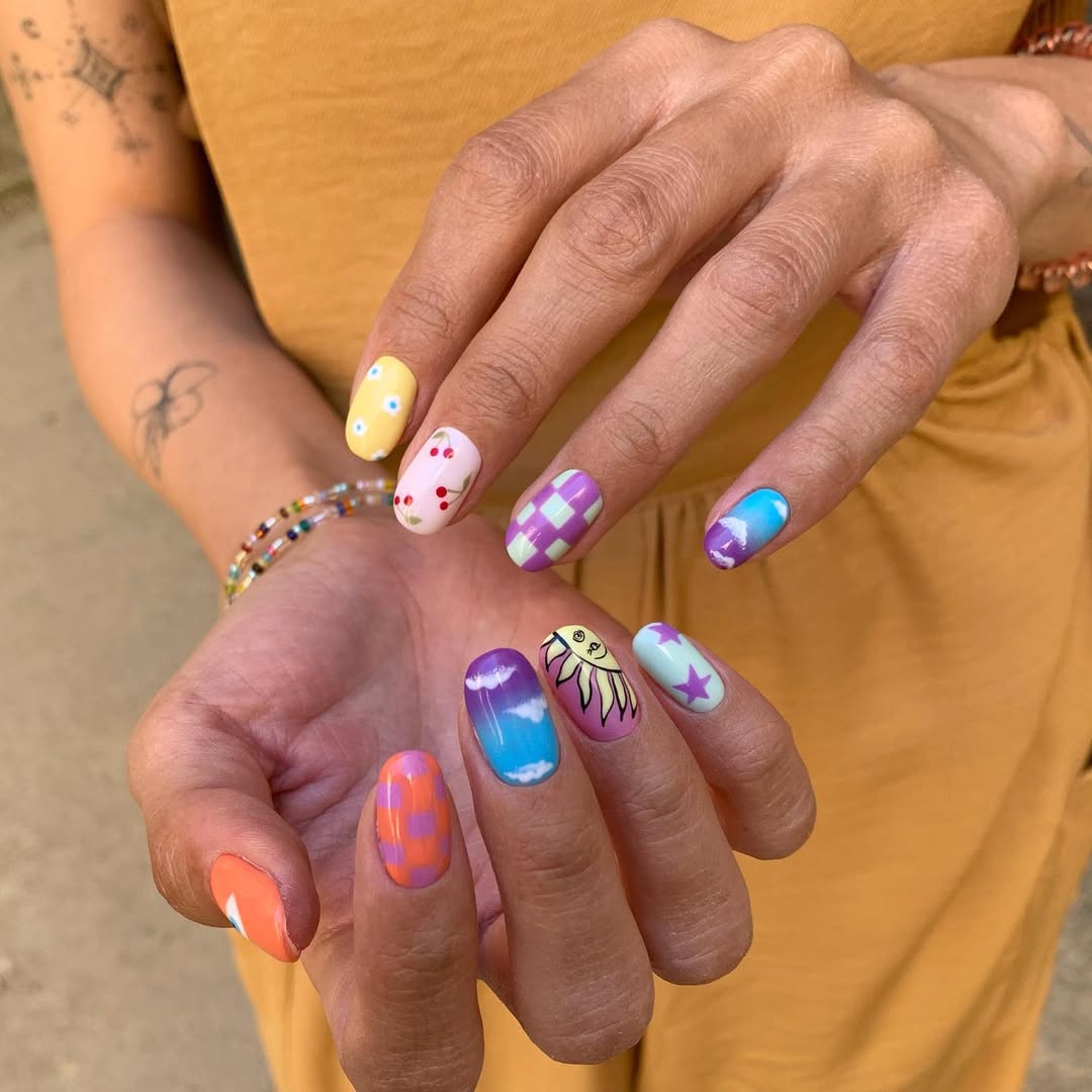 Whimsical Hand-Painted Fun Summer Squoval Nails