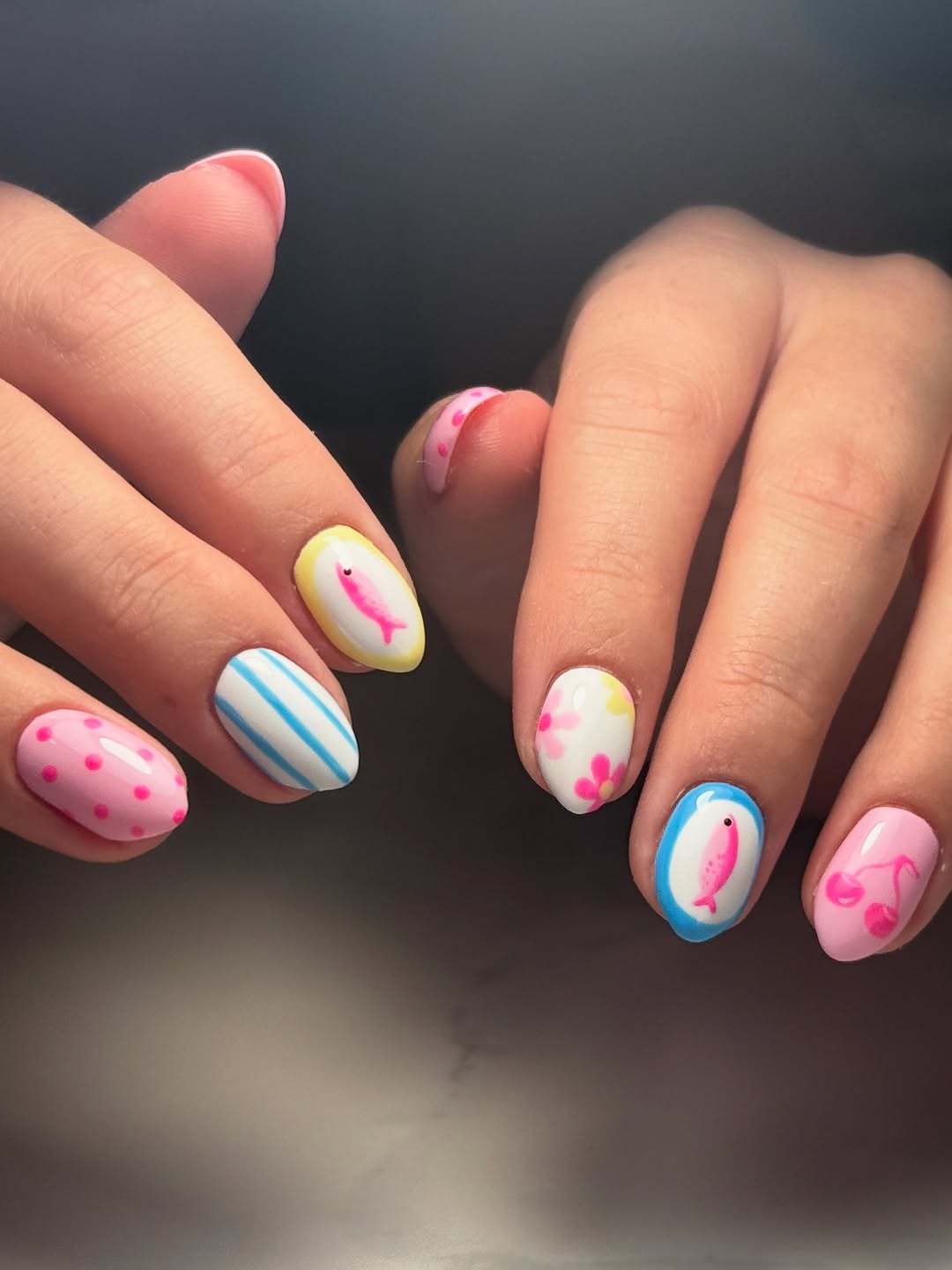 Whimsical Hand-Painted Summer Motif Short Oval Nails