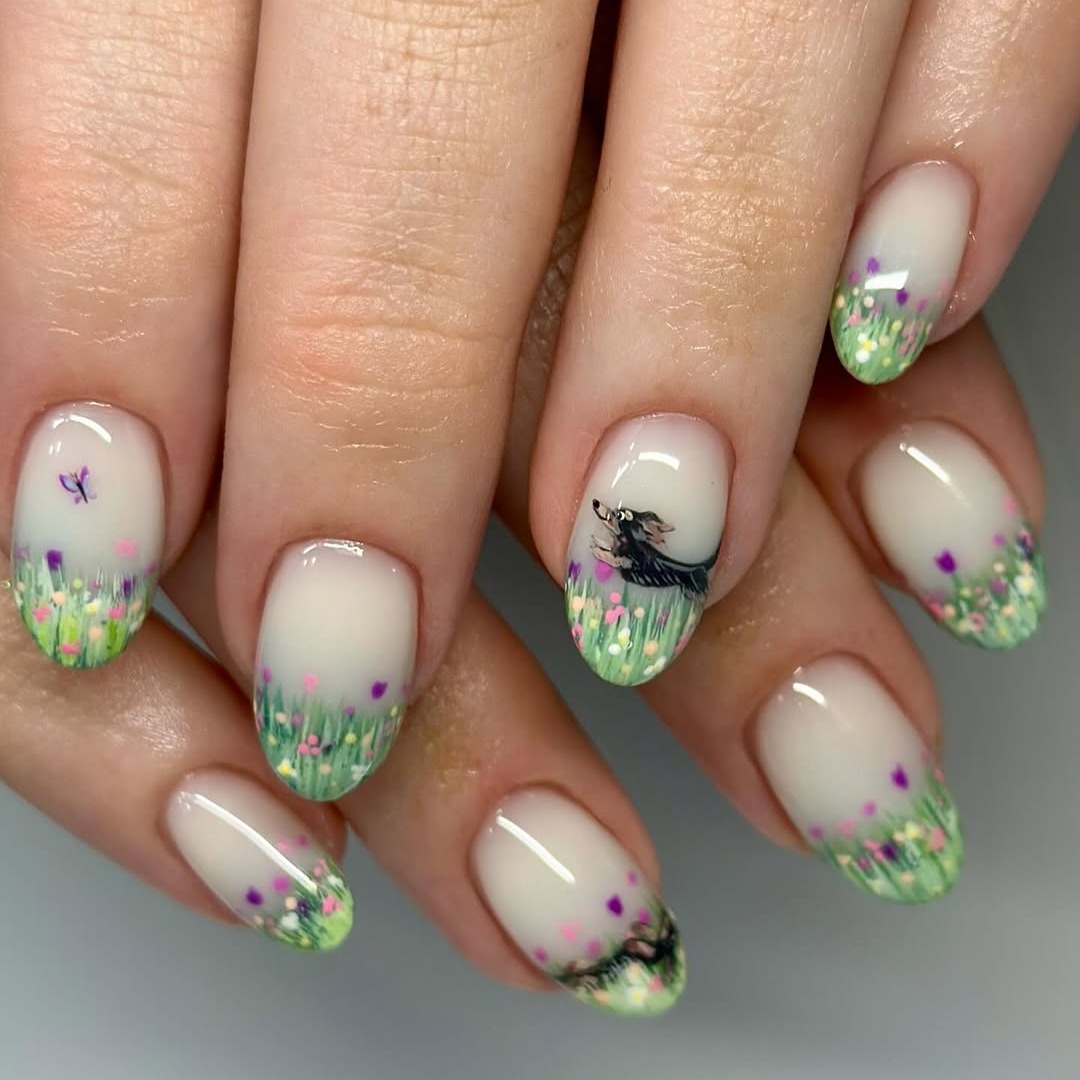 Whimsical Hand-Painted Weiner Dog and Butterfly Garden Nails
