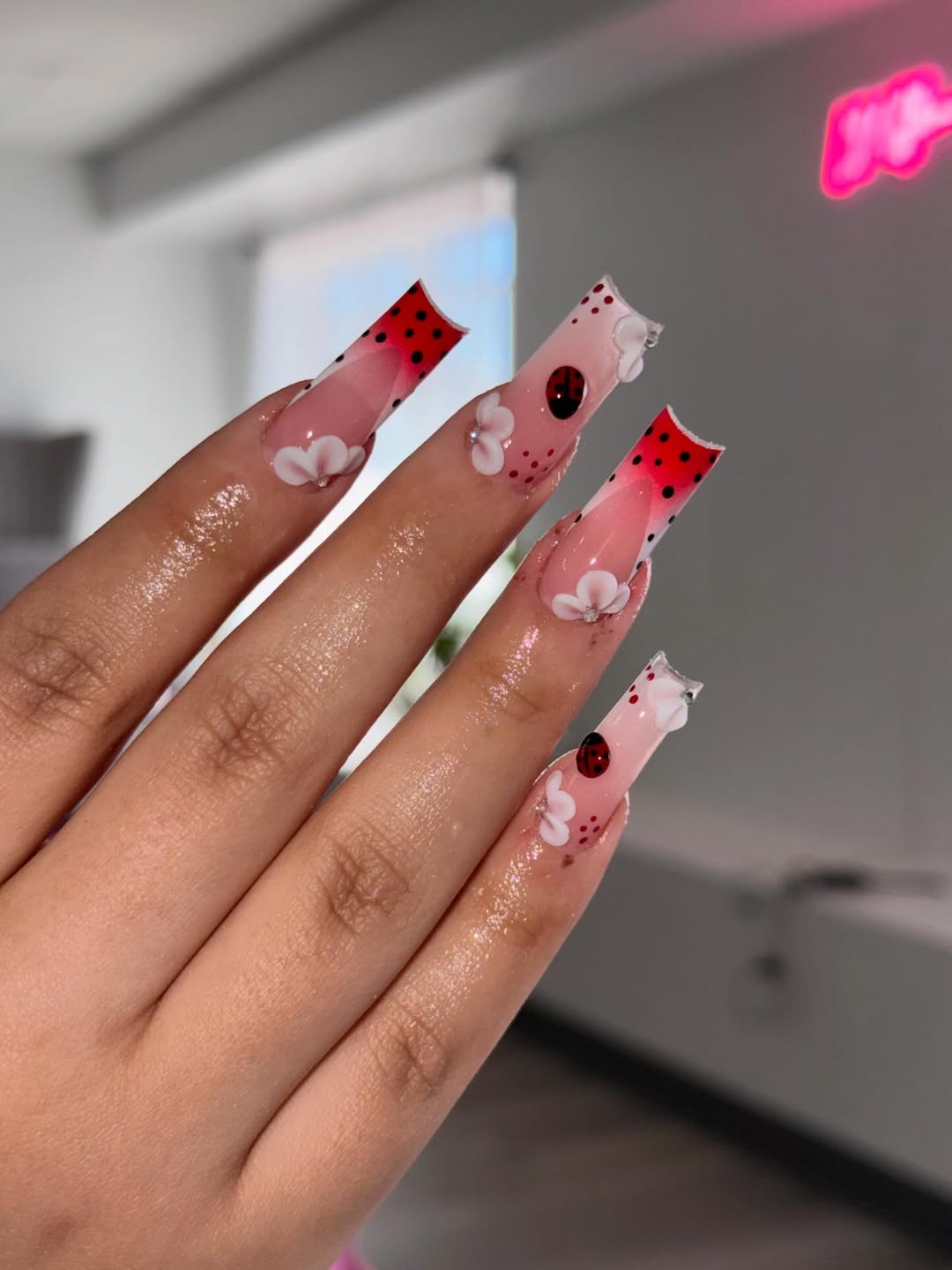 Whimsical Ladybug French Tip Long Square Nails