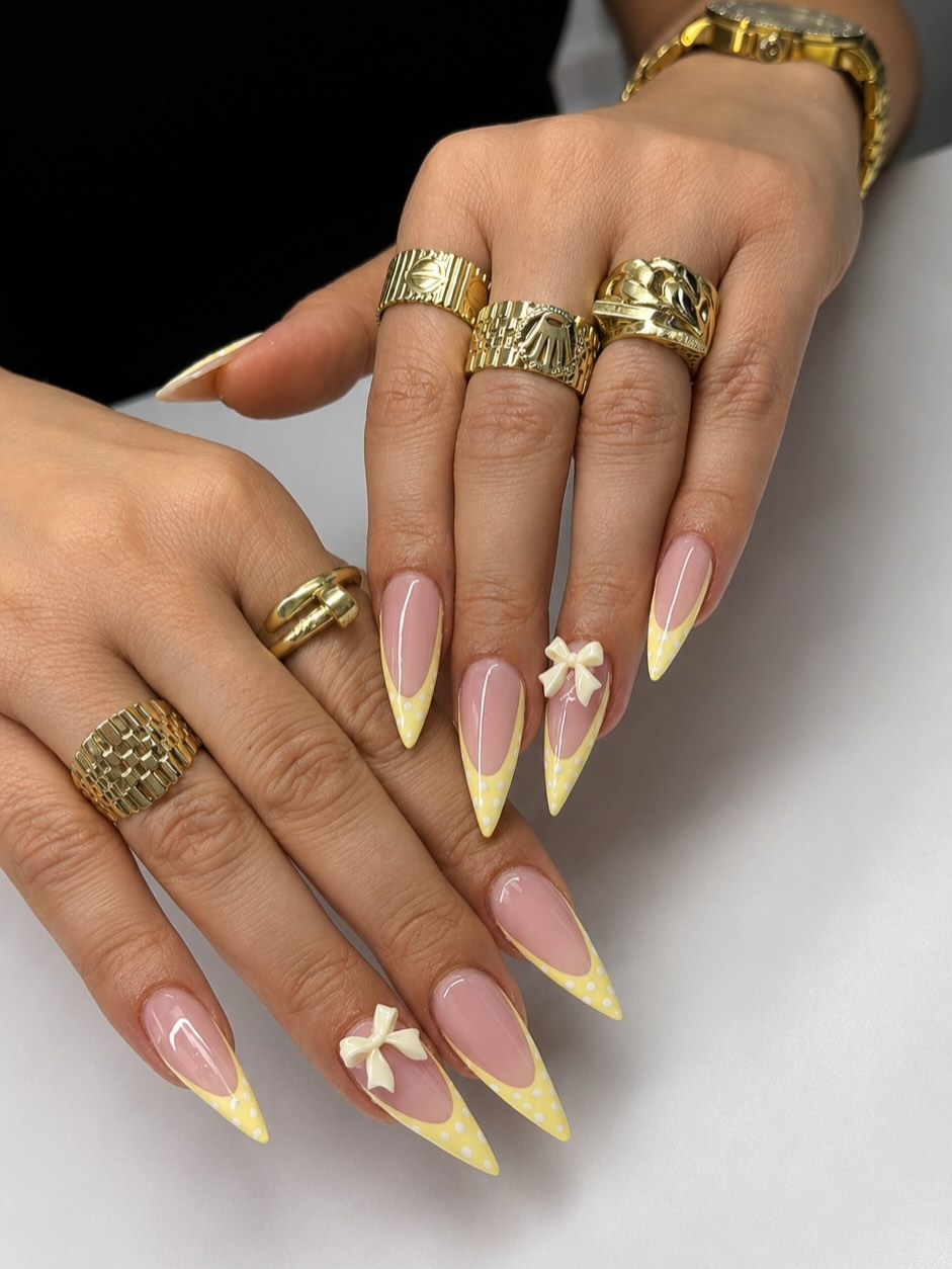 Whimsical Lemonade French Tips with 3D Bow Accents