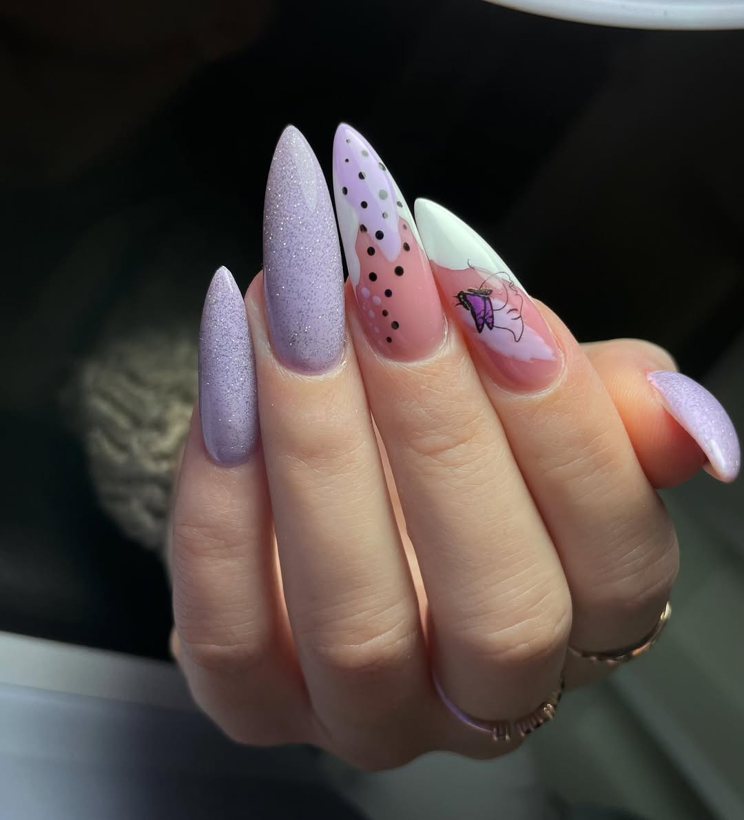Whimsical Lilac Stiletto Glitter and Butterfly Accents