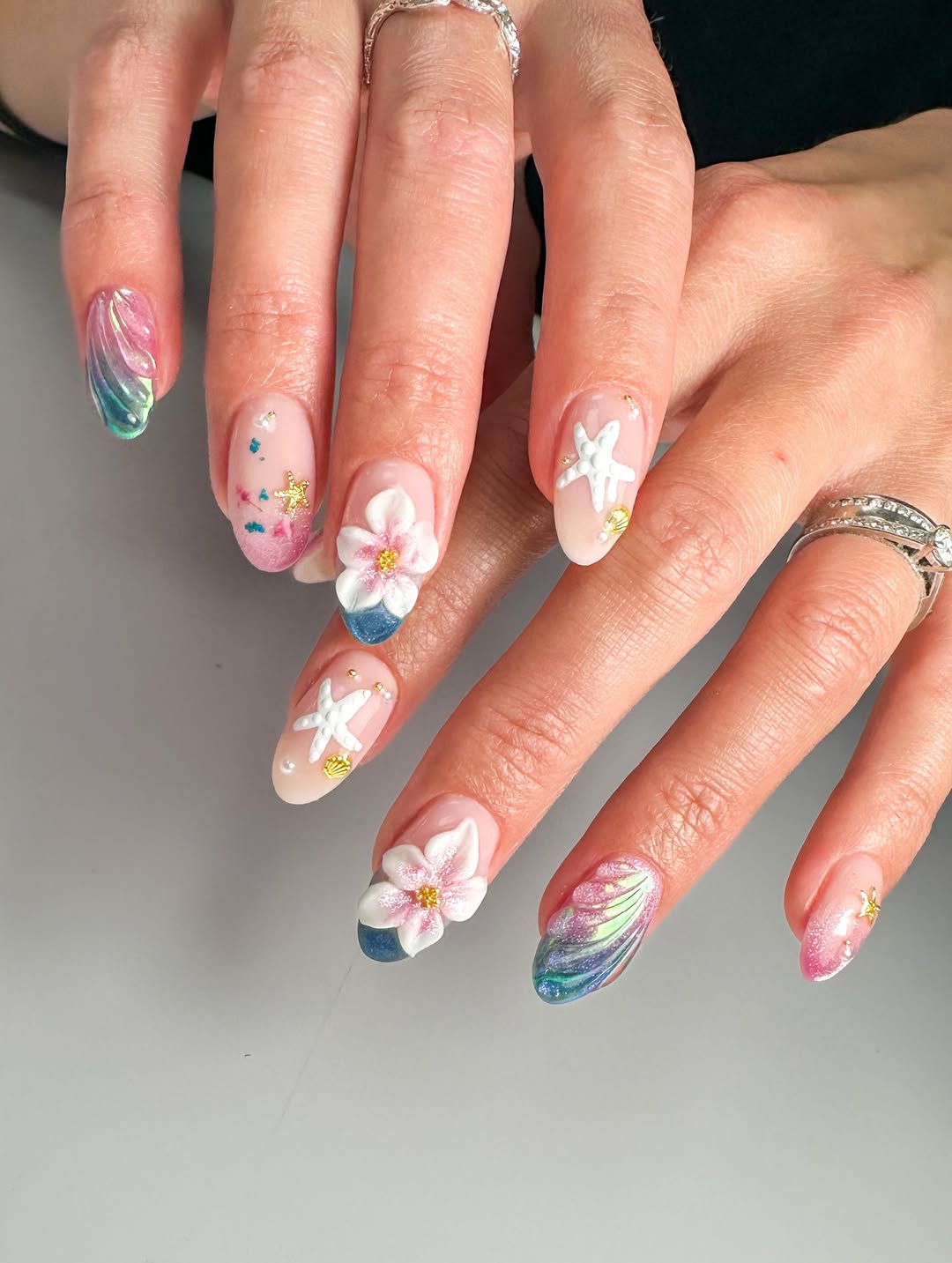 Whimsical Mermaid Shell Blue And Pink Ombre Nails