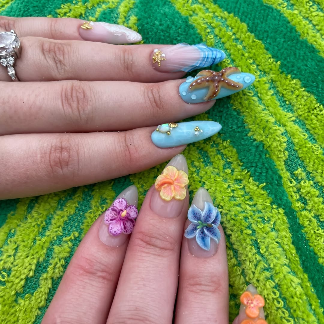 Whimsical Ocean Blooms Stiletto Nails