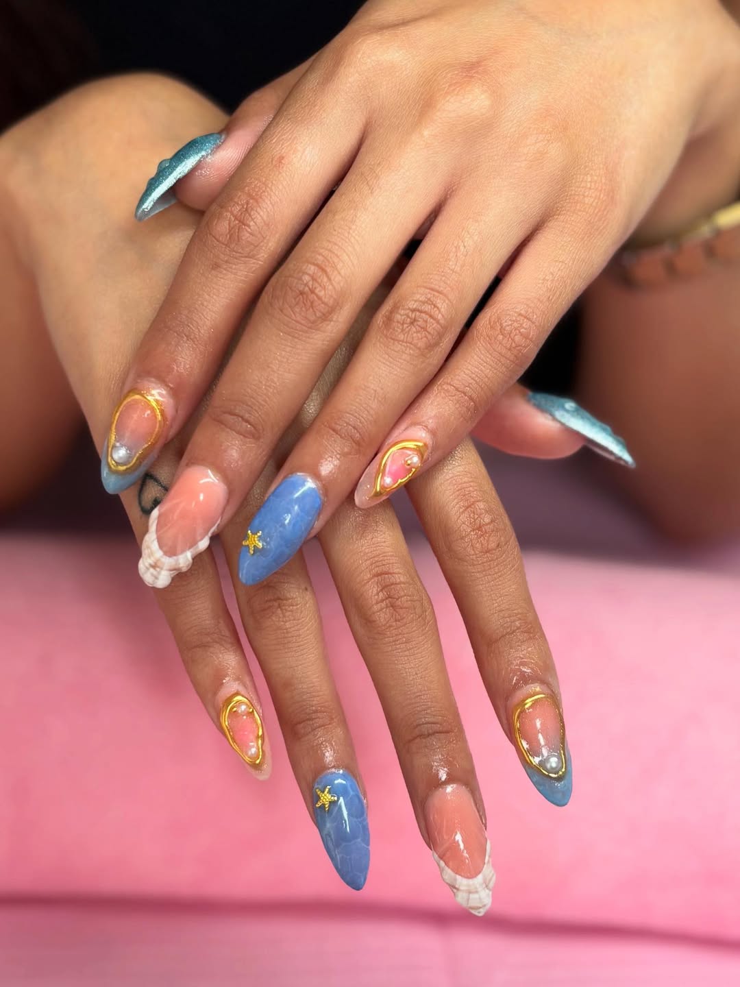 Whimsical Ocean Blue Pearl Coffin Nail Art
