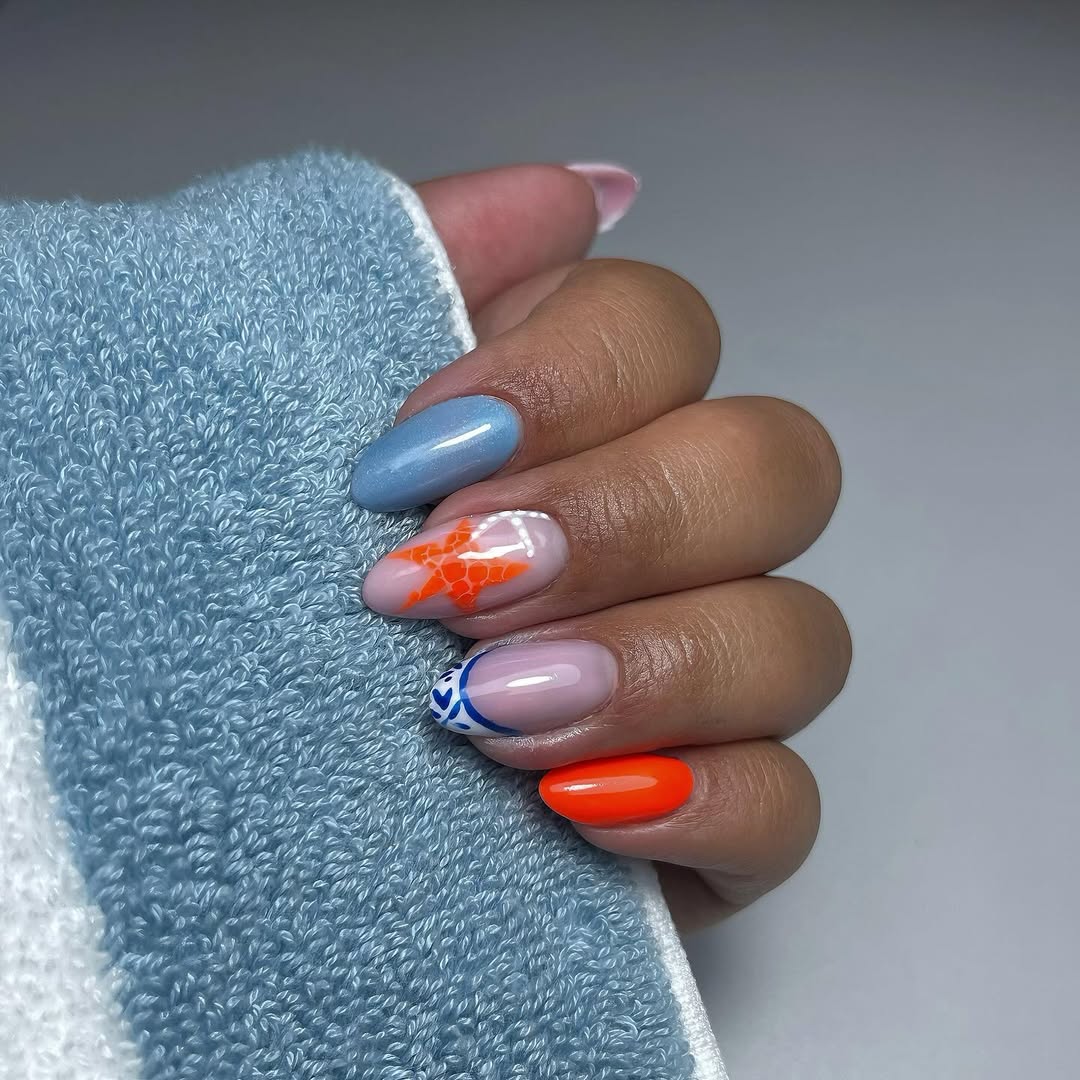 Whimsical Ocean Orange Starfish and Blue Swirl Almond Nails