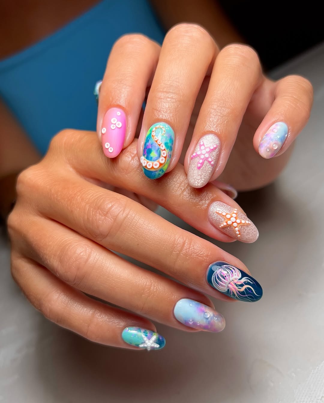 Whimsical Ocean Watercolor Nails with 3D Marine Life