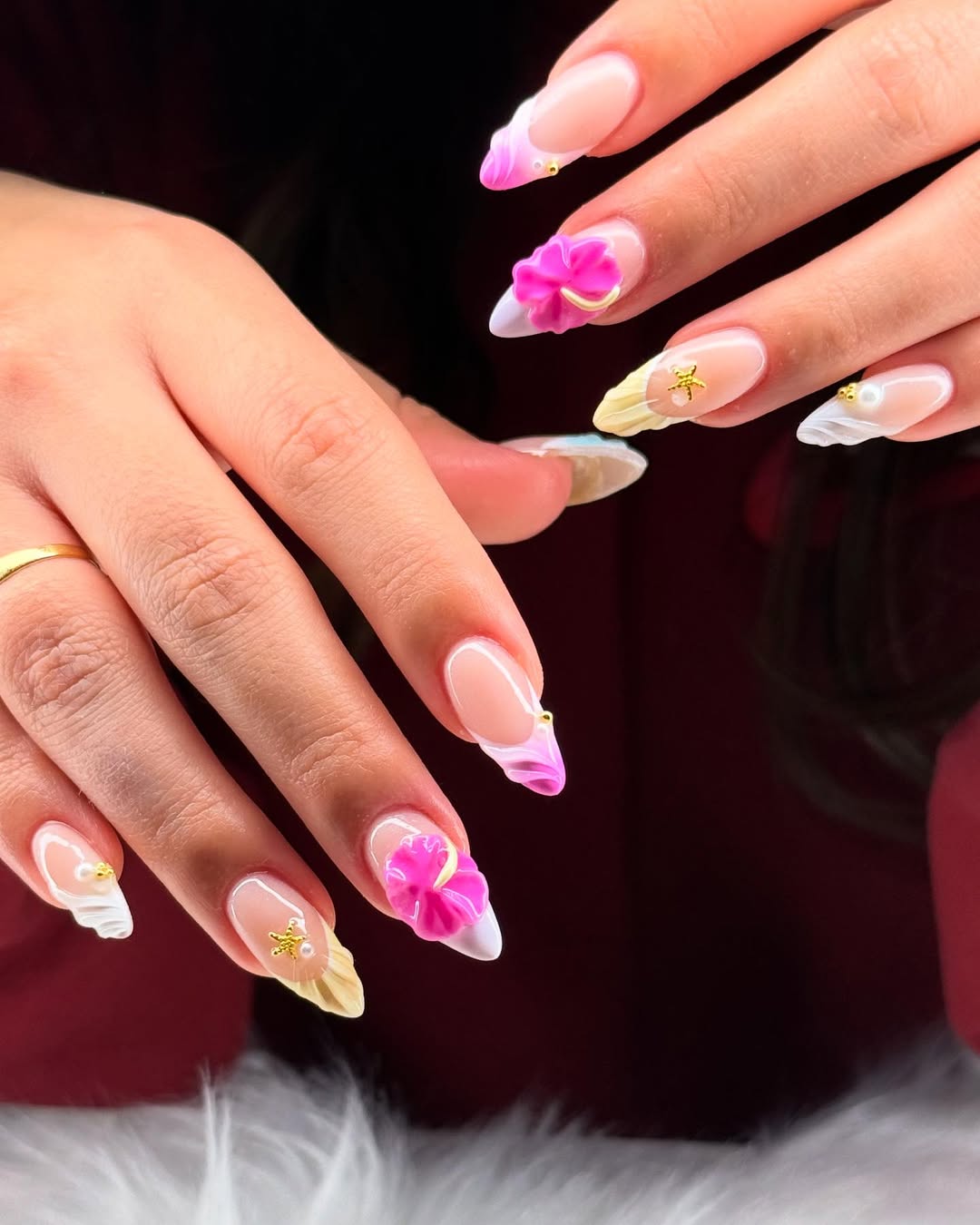 Whimsical Ombre French Pink Yellow White 3D Floral Starfish