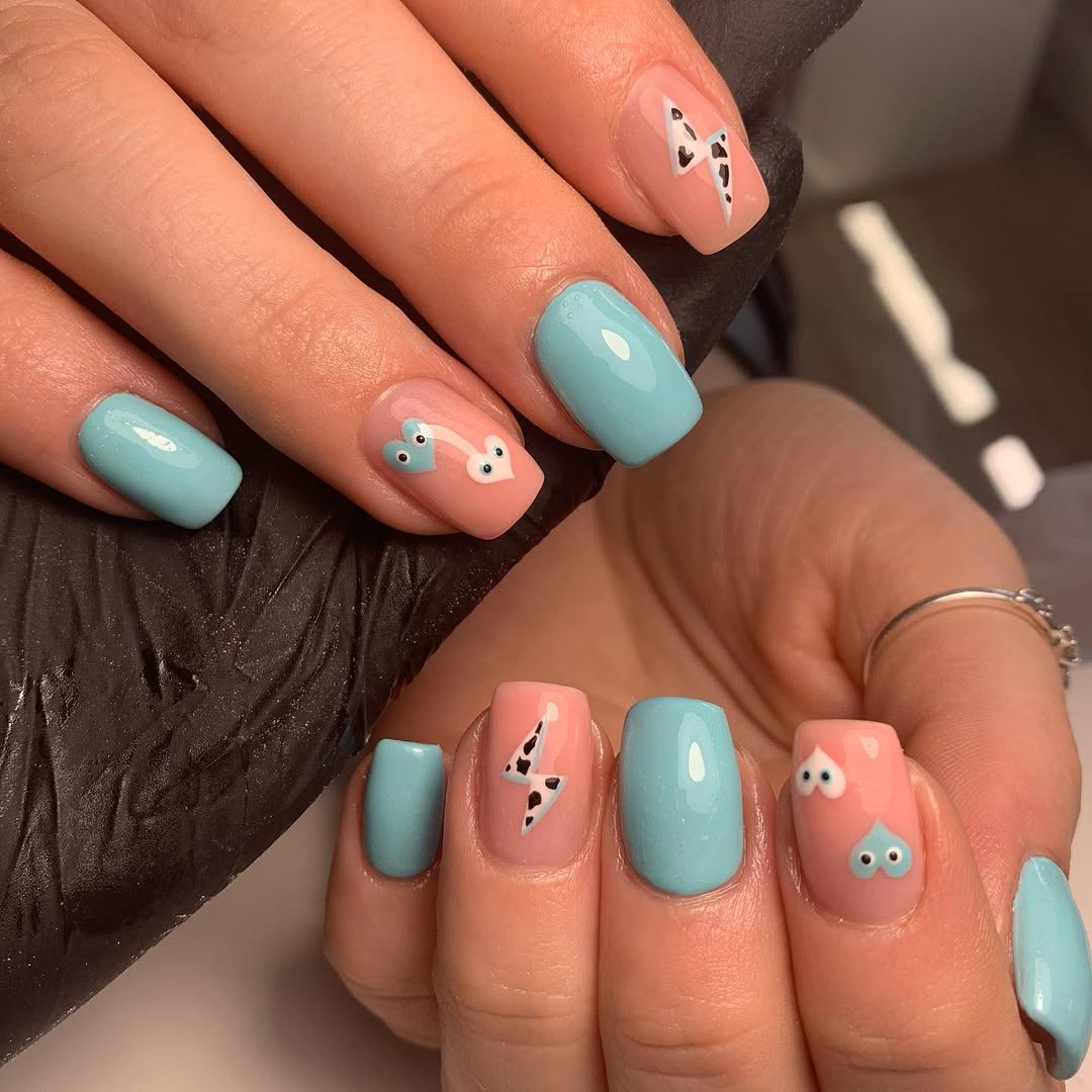 Whimsical Pastel Blue Pink Lightning Heart Nails