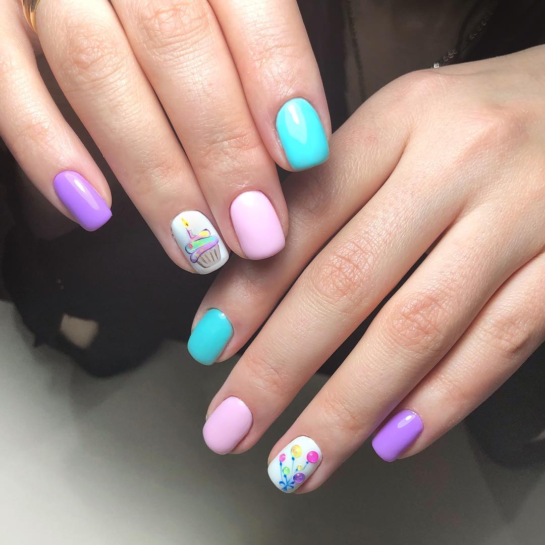 Whimsical Pastel Mismatched Nails with Hand-Painted Art
