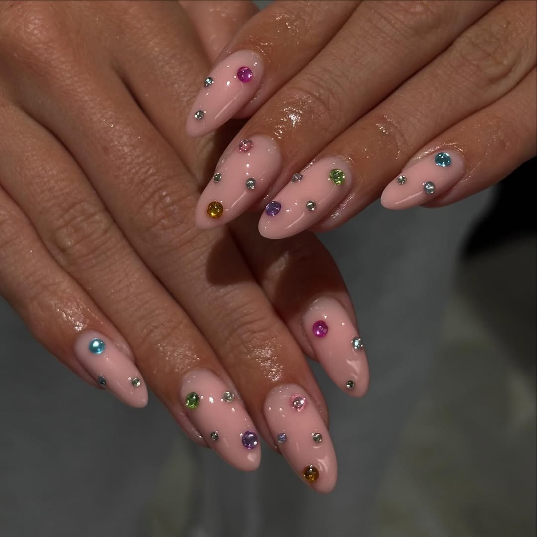 Whimsical Pastel Pink Almond Rhinestone Nails