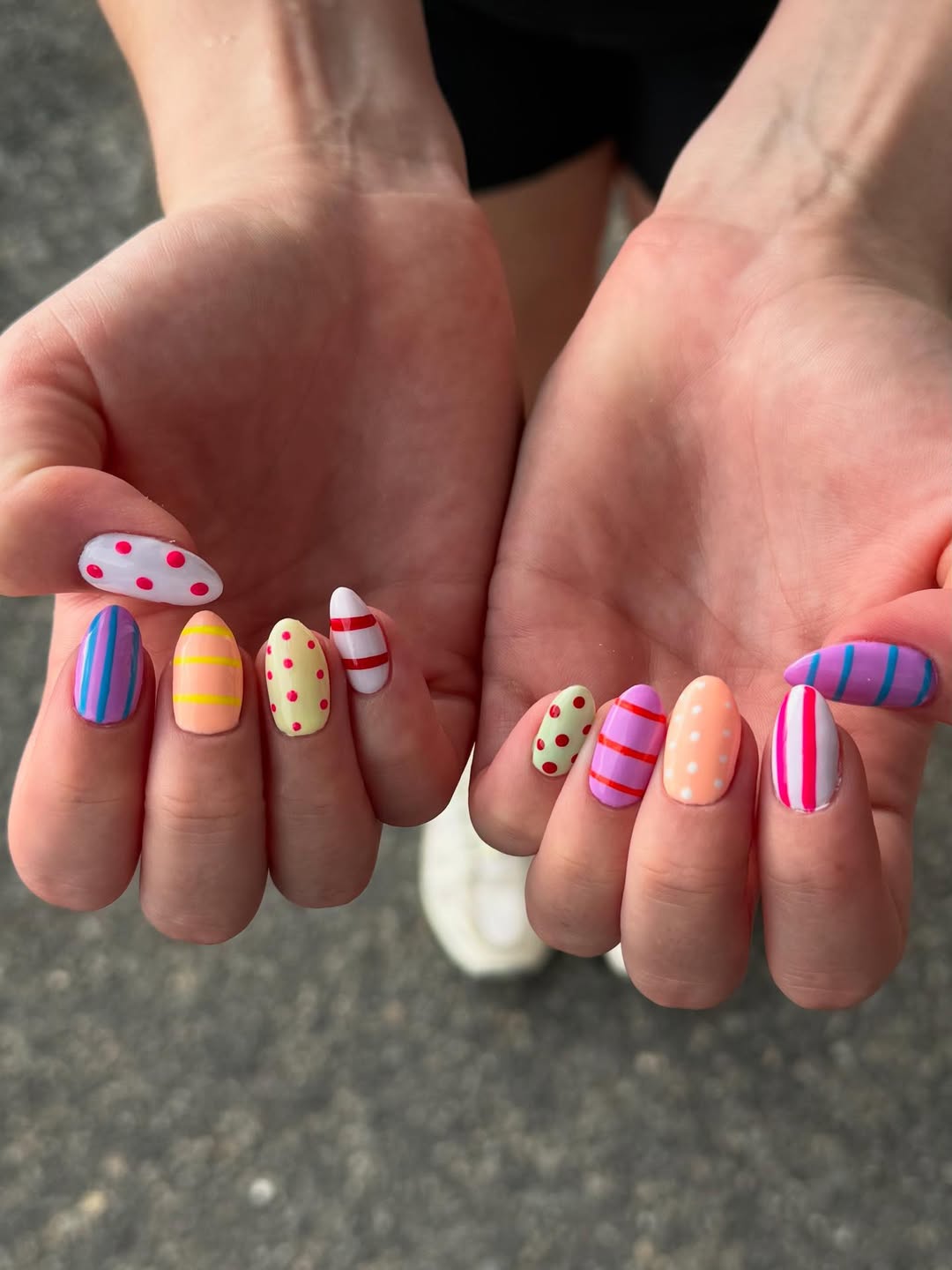 Whimsical Pastel Polka Dot Striped Squoval Nails