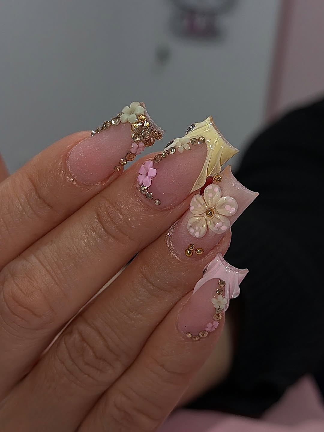 Whimsical Pink 3D Floral Embellished Square Nails