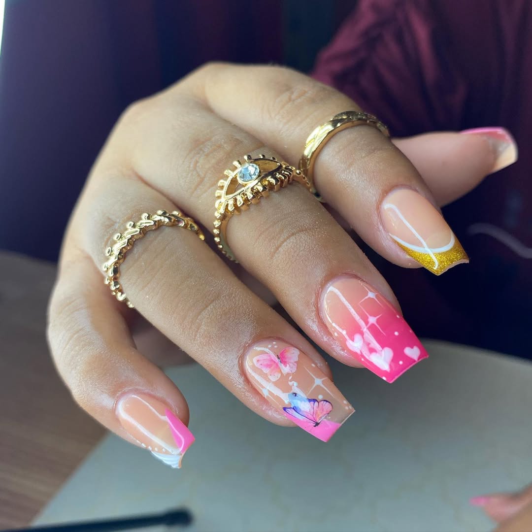 Whimsical Pink Ombré Gold Swirl Coffin Nails