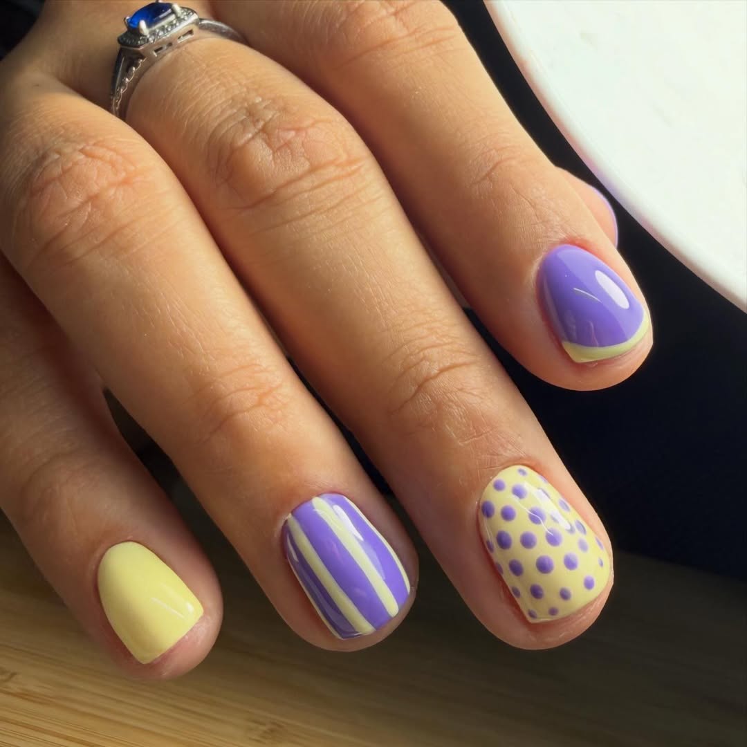 Whimsical Purple and Yellow Mixed Pattern Short Round Nails