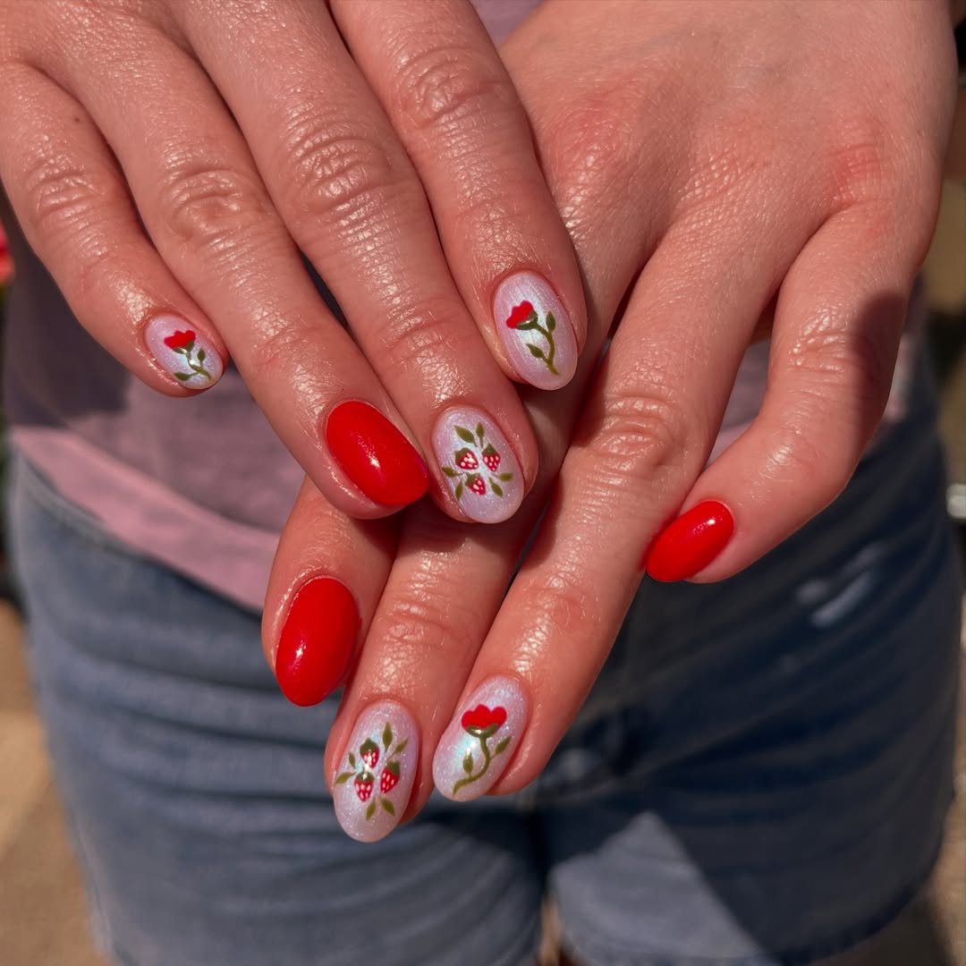 Whimsical Red Berry Flowers Oval Glossy Nails