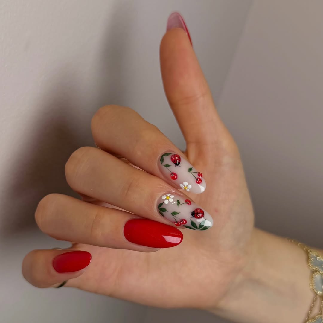 Whimsical Red Cherry Ladybug Floral Nail Art