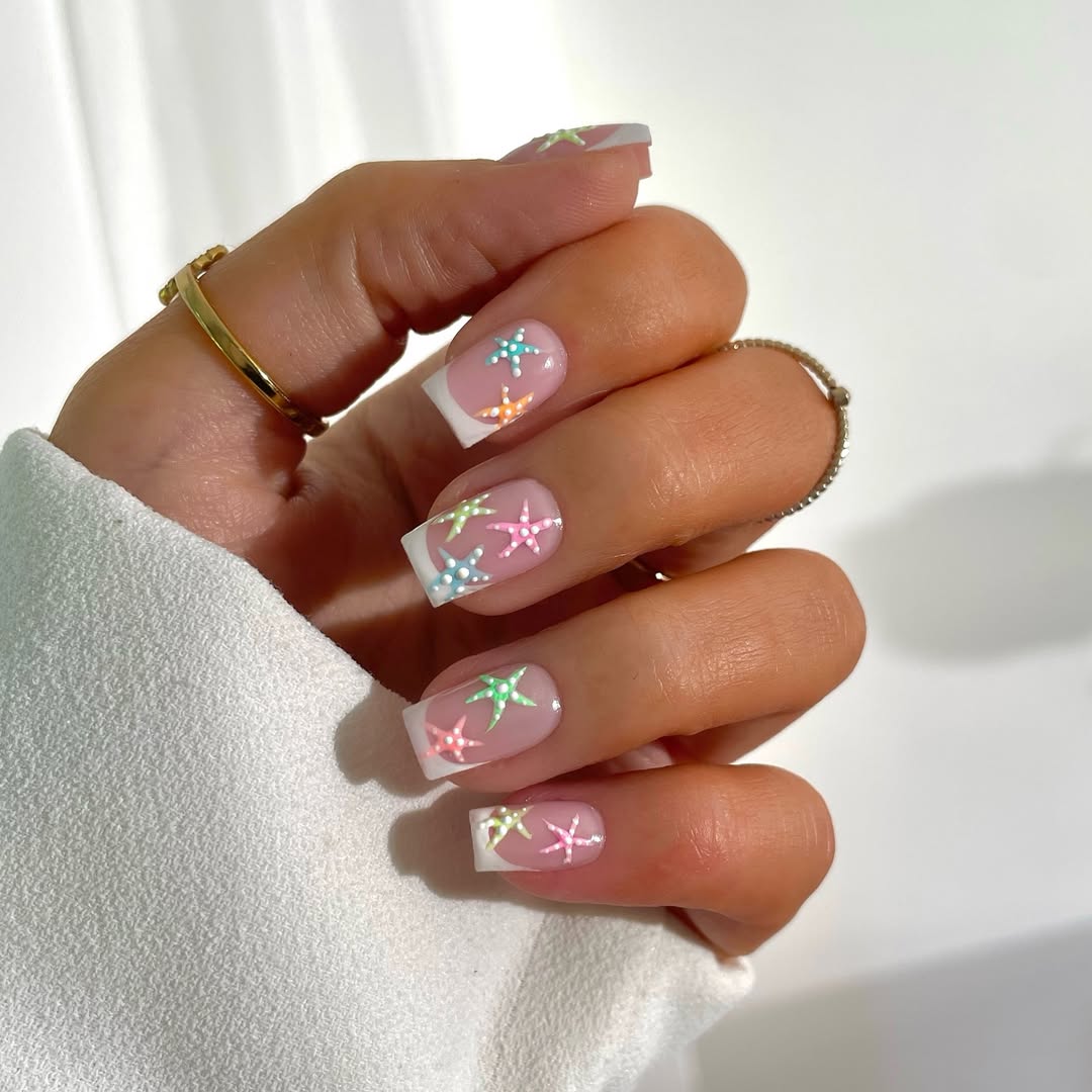 Whimsical Starfish French Tip Square Nails