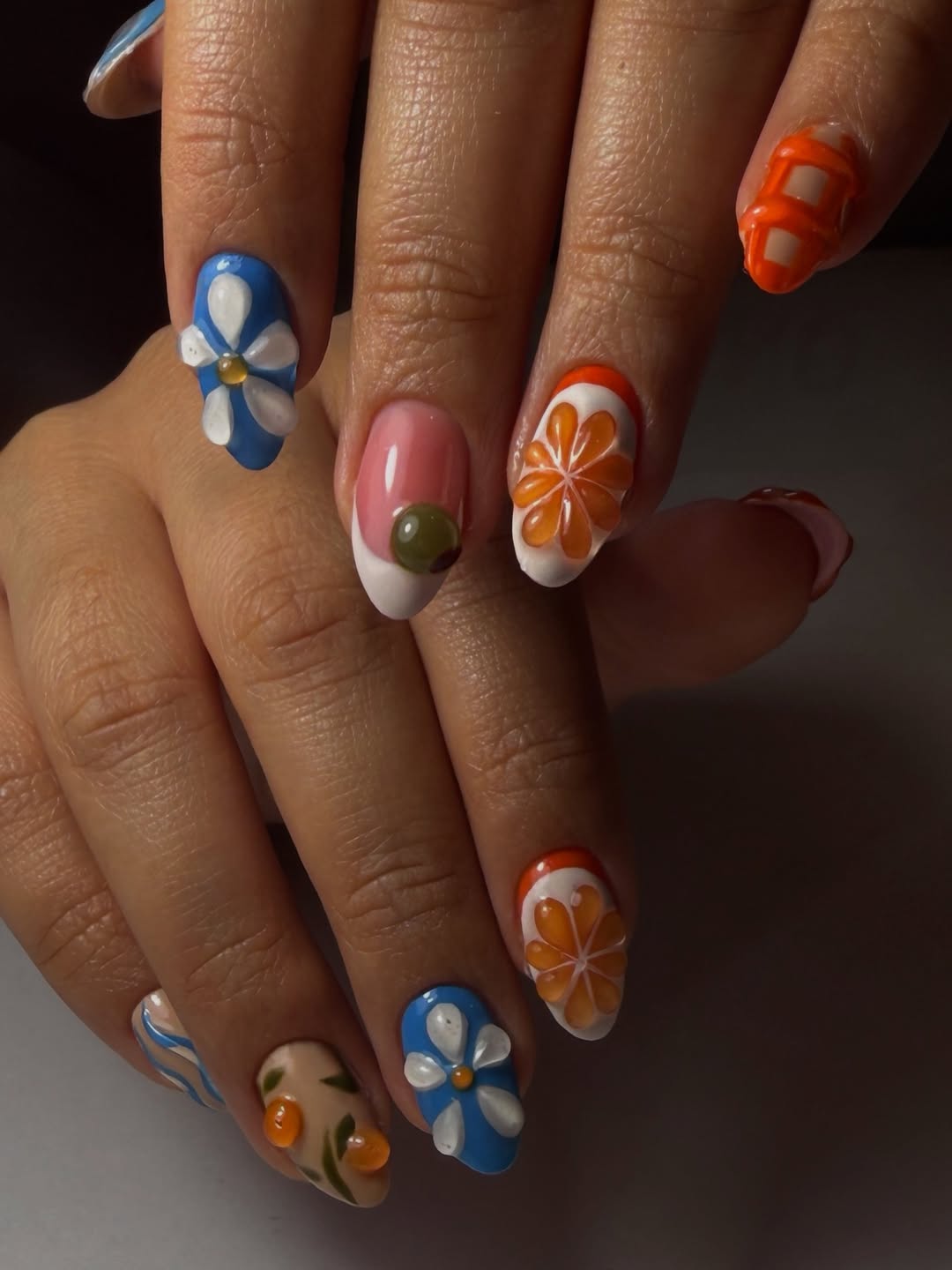 Whimsical Summer 3D Fruit and Floral Almond Nails