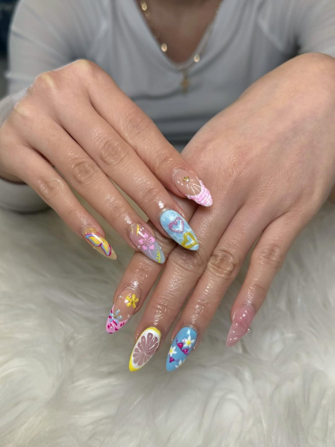 Whimsical Summer Fruit And Floral Stiletto Nails