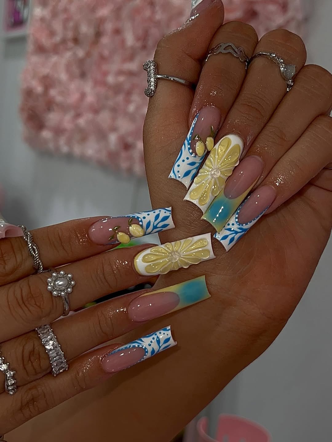 Whimsical White Blue Long Square Lemon Art Nails