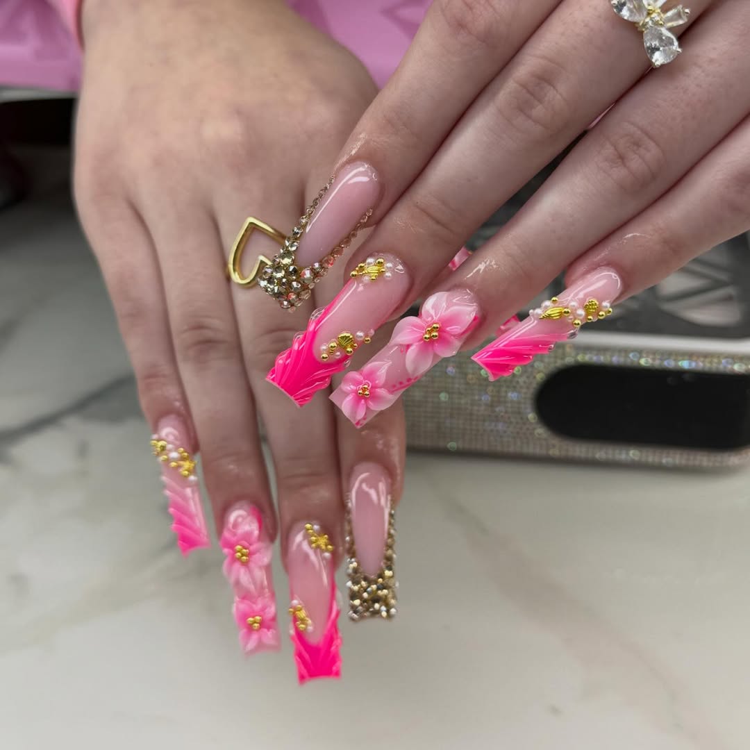 XXL Hot Pink Nude Jelly 3D Floral Coffin Nails