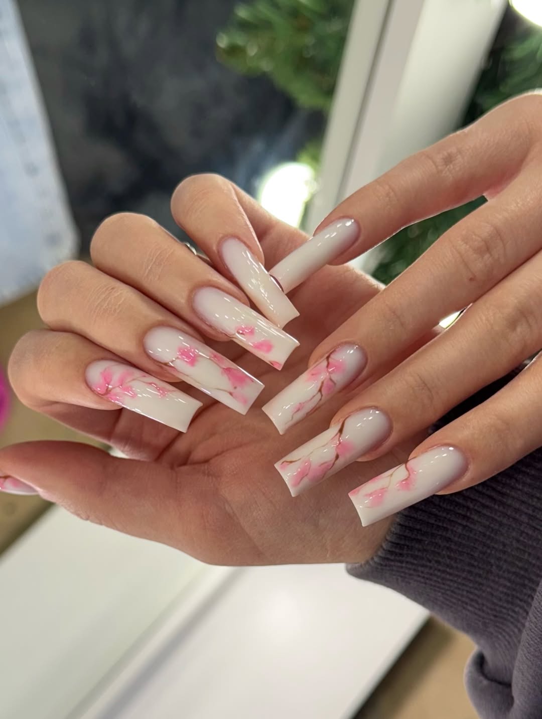 XXL Milky White Pink Watercolor Blossom Coffin Nails