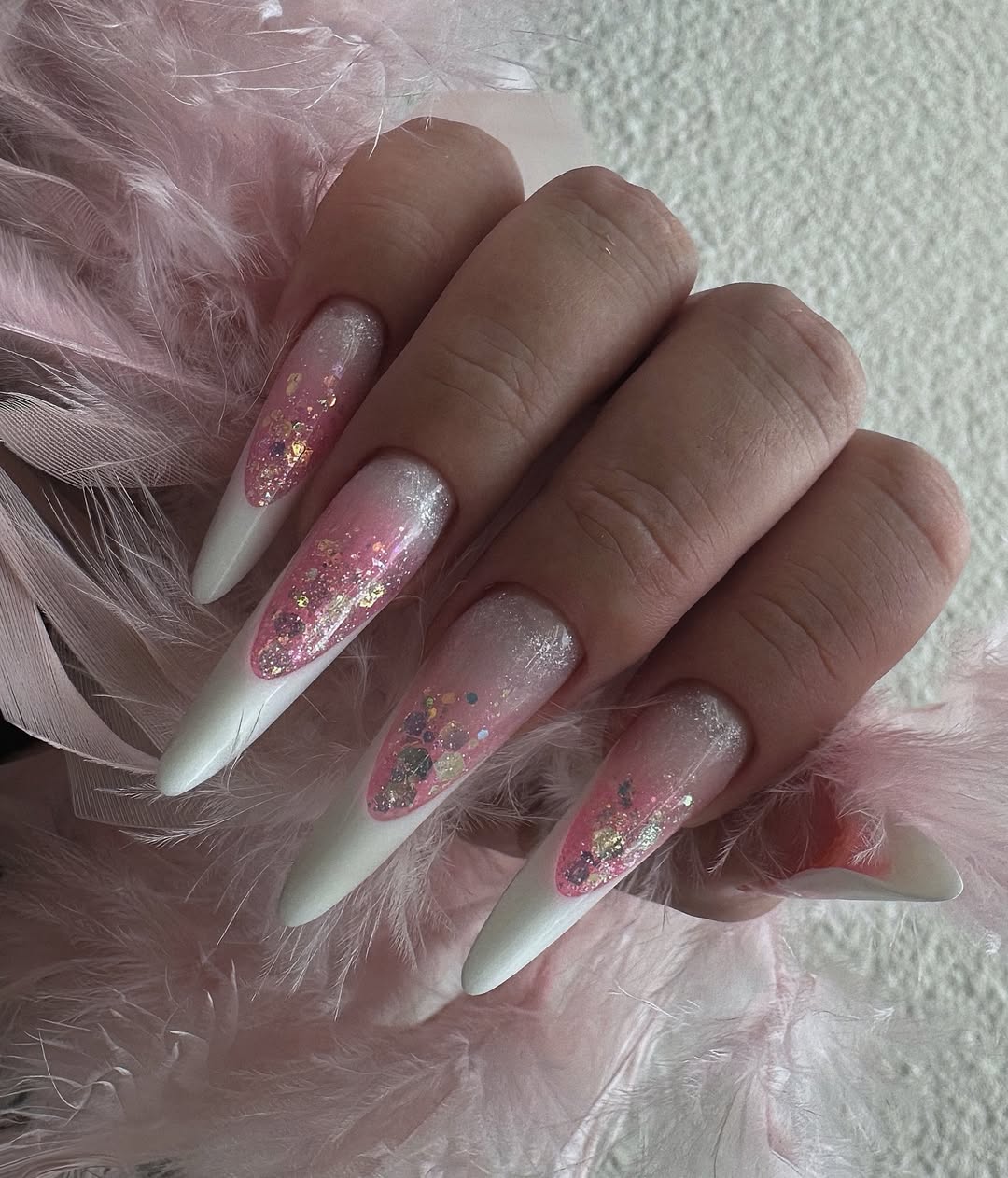 XXL Stiletto Pink Glitter V-Tip French Manicure