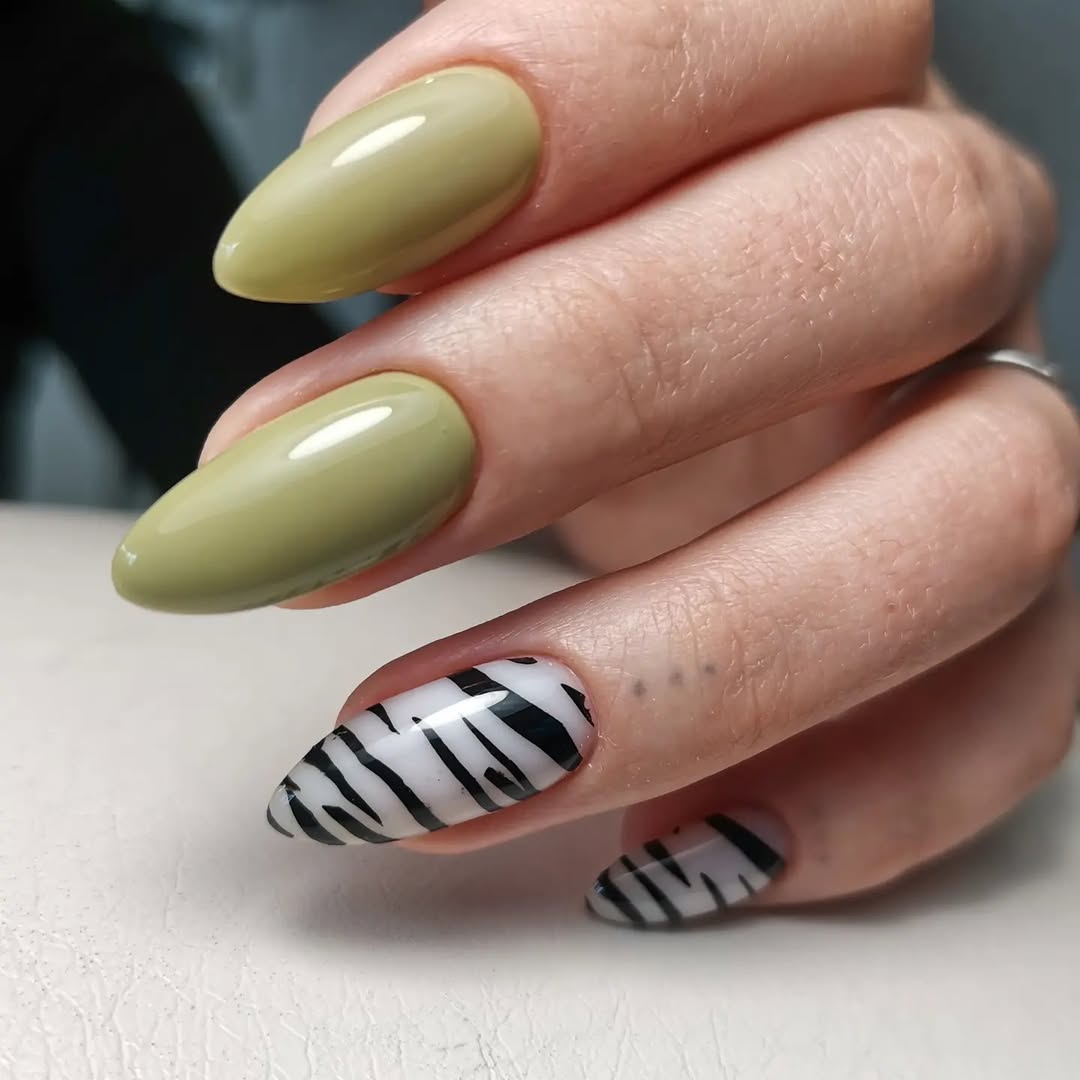 Zebra Accent Olive Green Almond Nails
