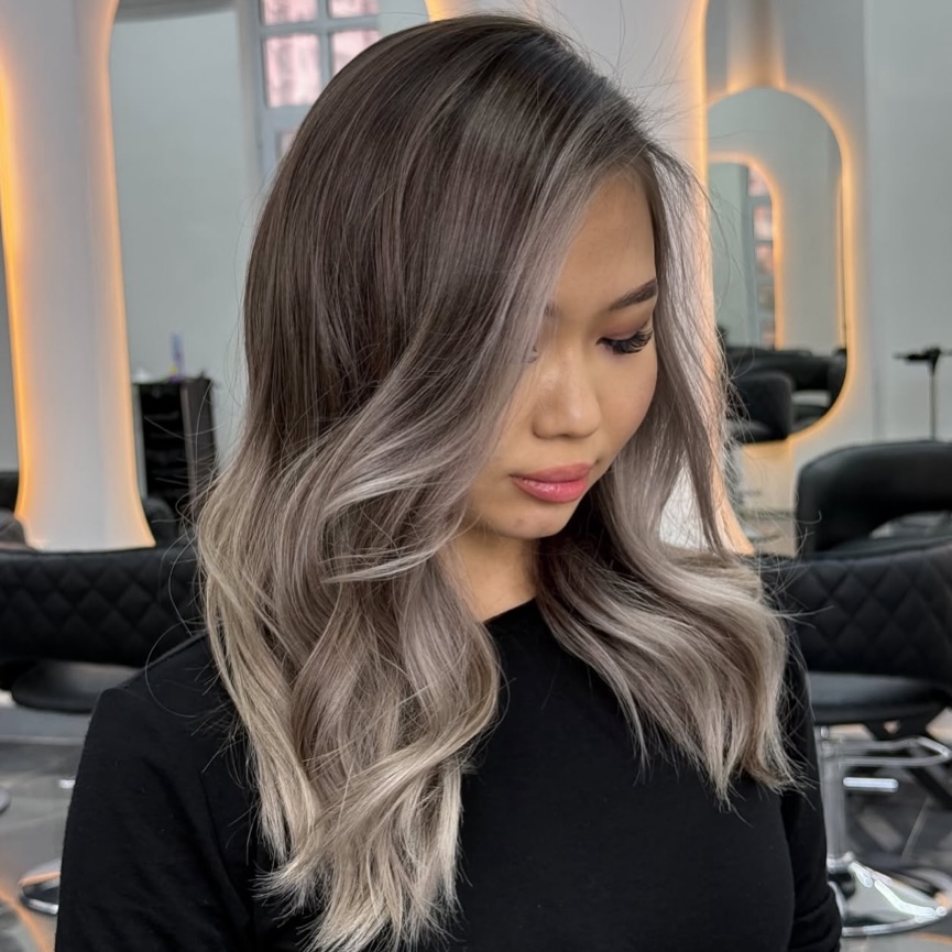 Ash Blonde Balayage Waves with Shadow Root