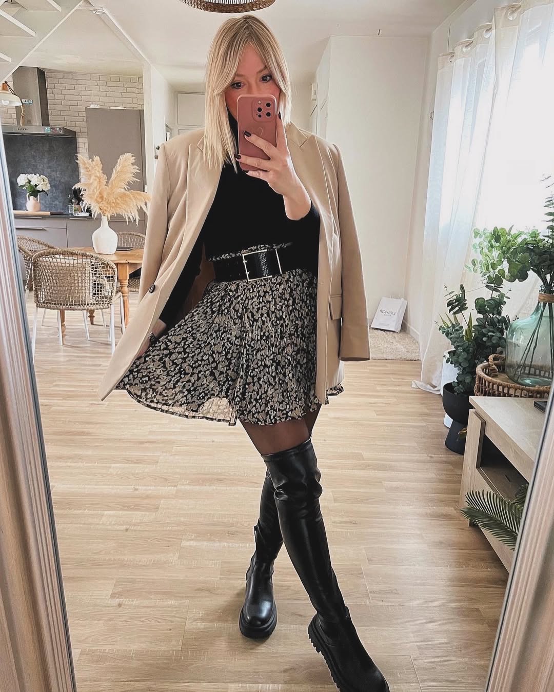 Beige Blazer With Floral Mini Skirt Look