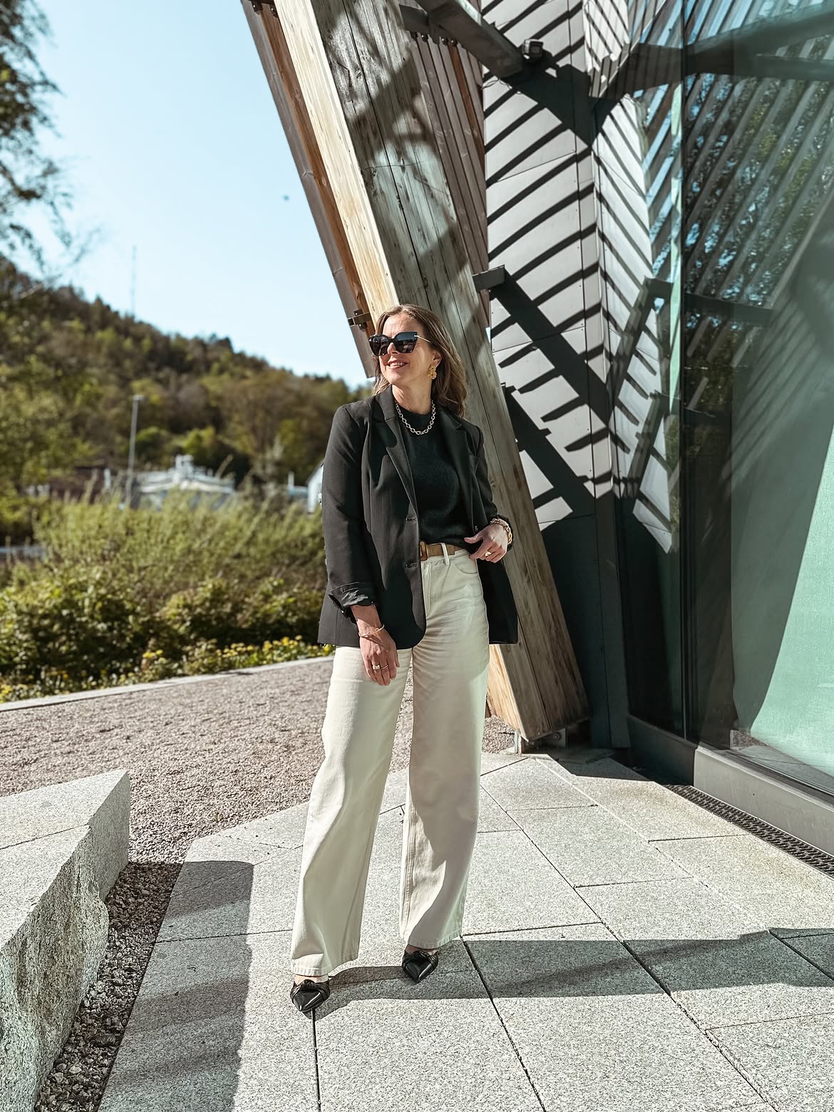 Black Blazer Cream Wide Leg Trouser Power Look