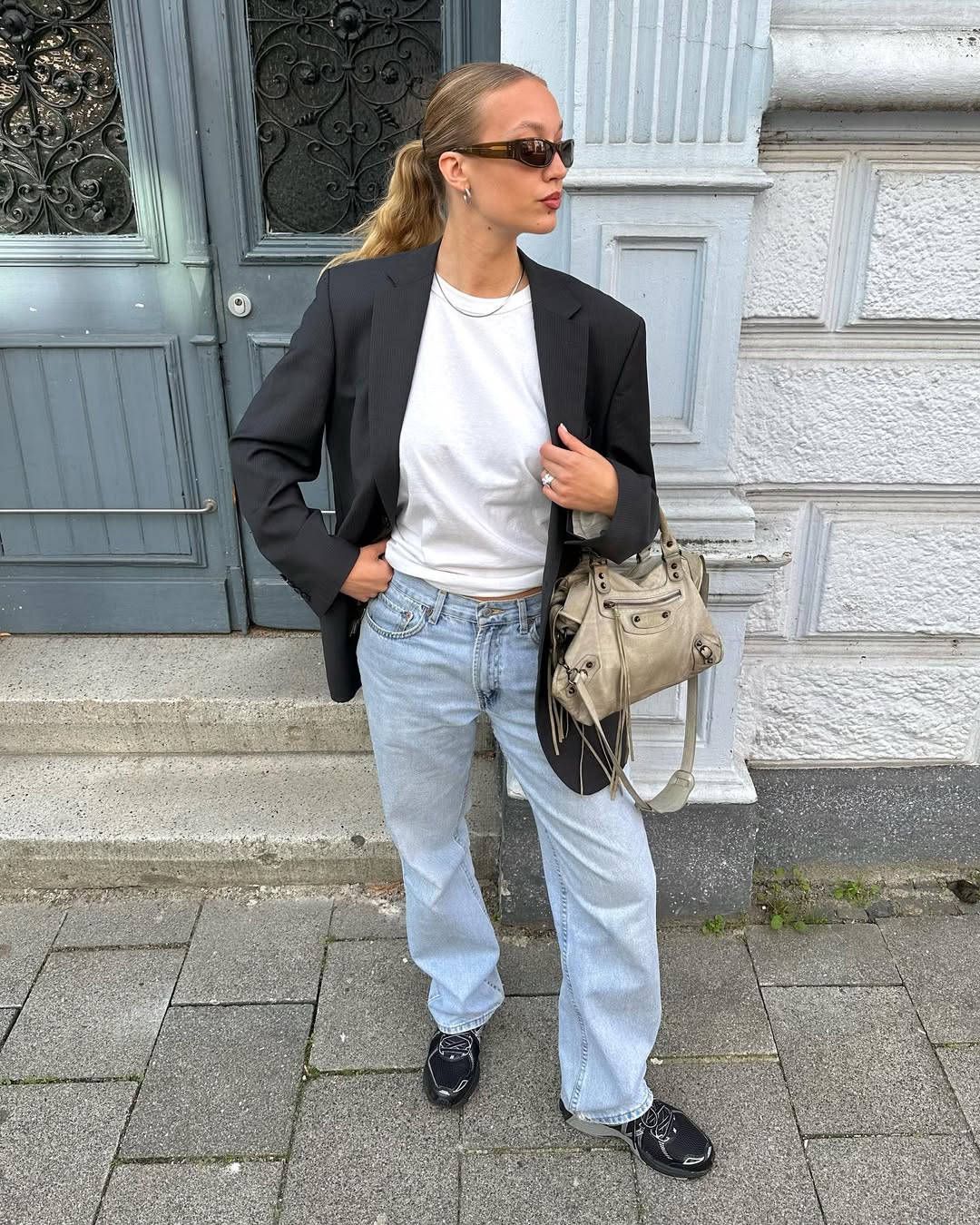 Black Blazer With Light Wash Jeans And Trainers