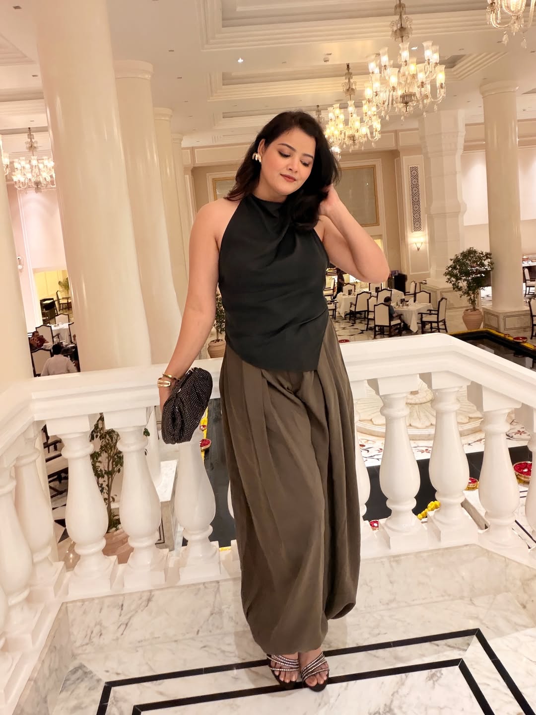Black Halter Top With Olive Green Palazzo Pants